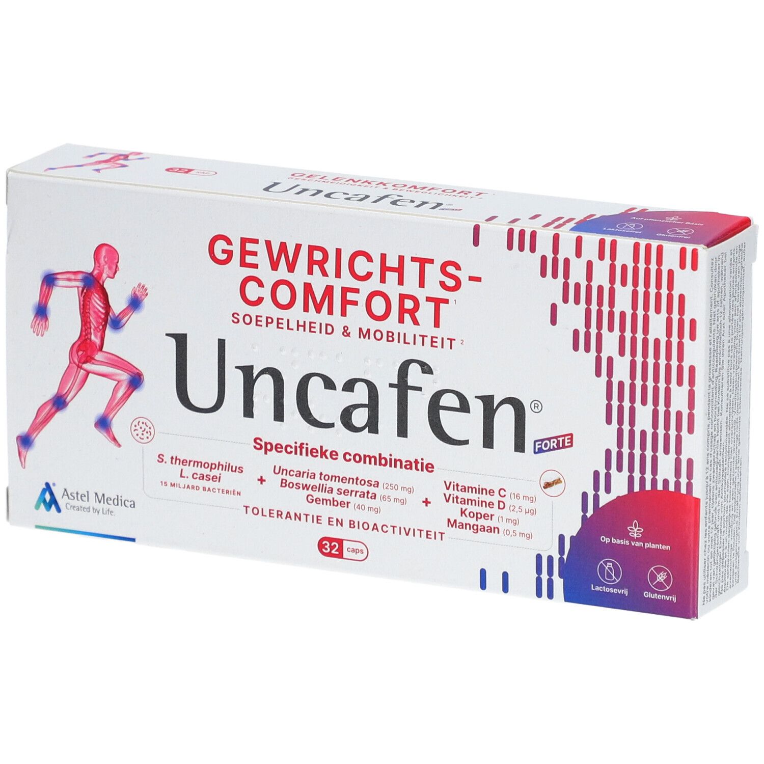 Witte doos Uncafen Forte. Opschriften: Gewrichtscomfort, 32 capsules, ingrediënten. Afbeelding van een hardloper.