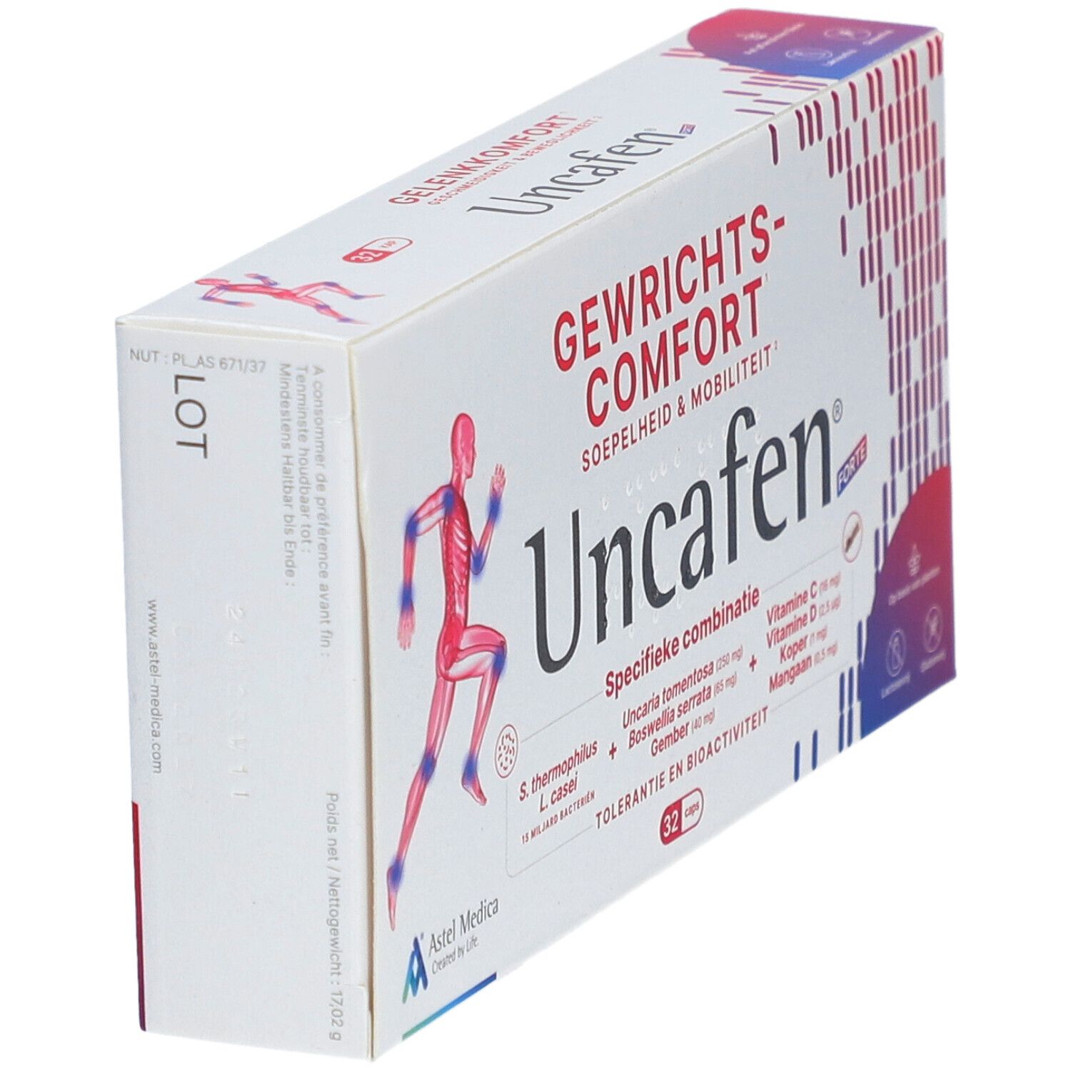 Schuine doos Uncafen Forte. Opschriften: Gewrichtscomfort, 32 capsules, ingrediënten. Logo Astel Medica.