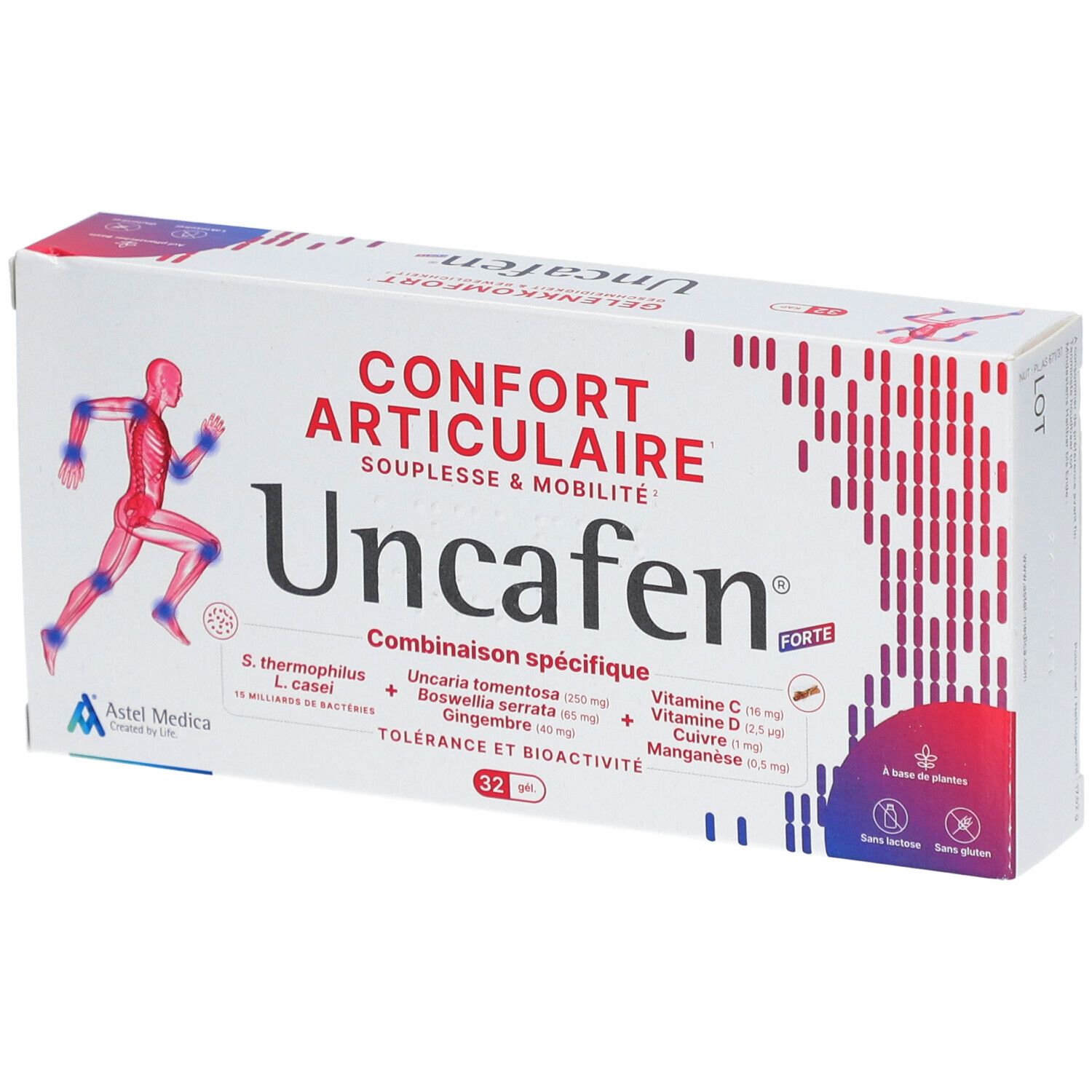 Witte doos Uncafen Forte. Opschriften: Confort articulaire, 32 capsules, ingrediënten. Afbeelding van een hardloper.