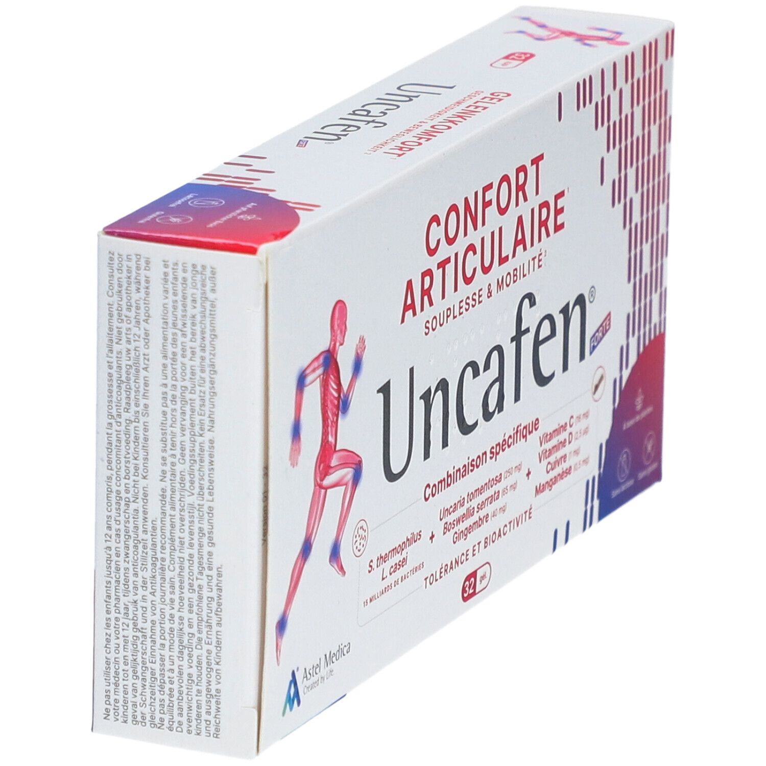Schuine doos Uncafen Forte. Opschriften: Confort articulaire, 32 capsules, ingrediënten. Logo Astel Medica.
