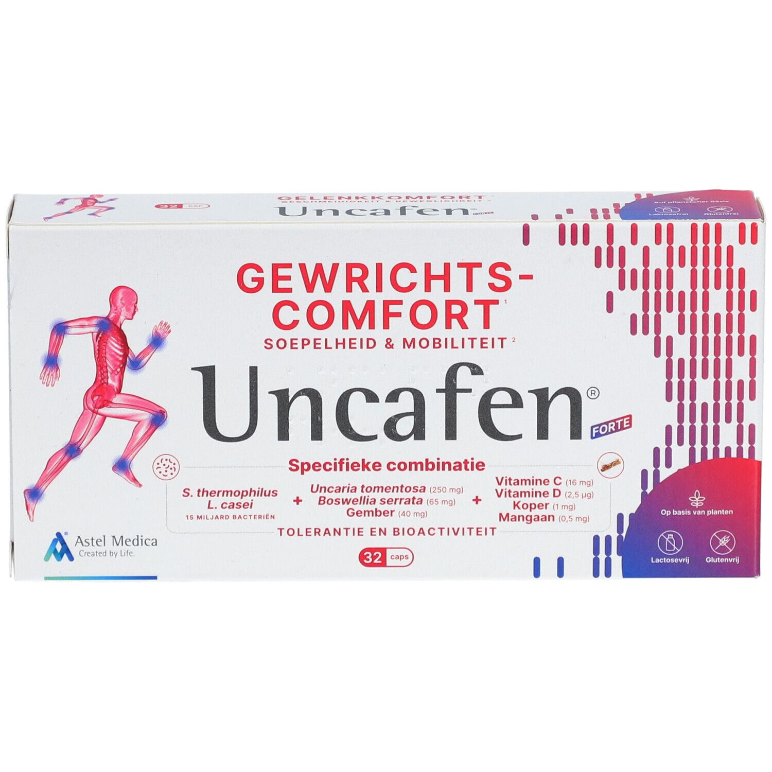 Witte doos Uncafen Forte. Opschriften: Gewrichtscomfort, 32 capsules, ingrediënten. Afbeelding van een hardloper.