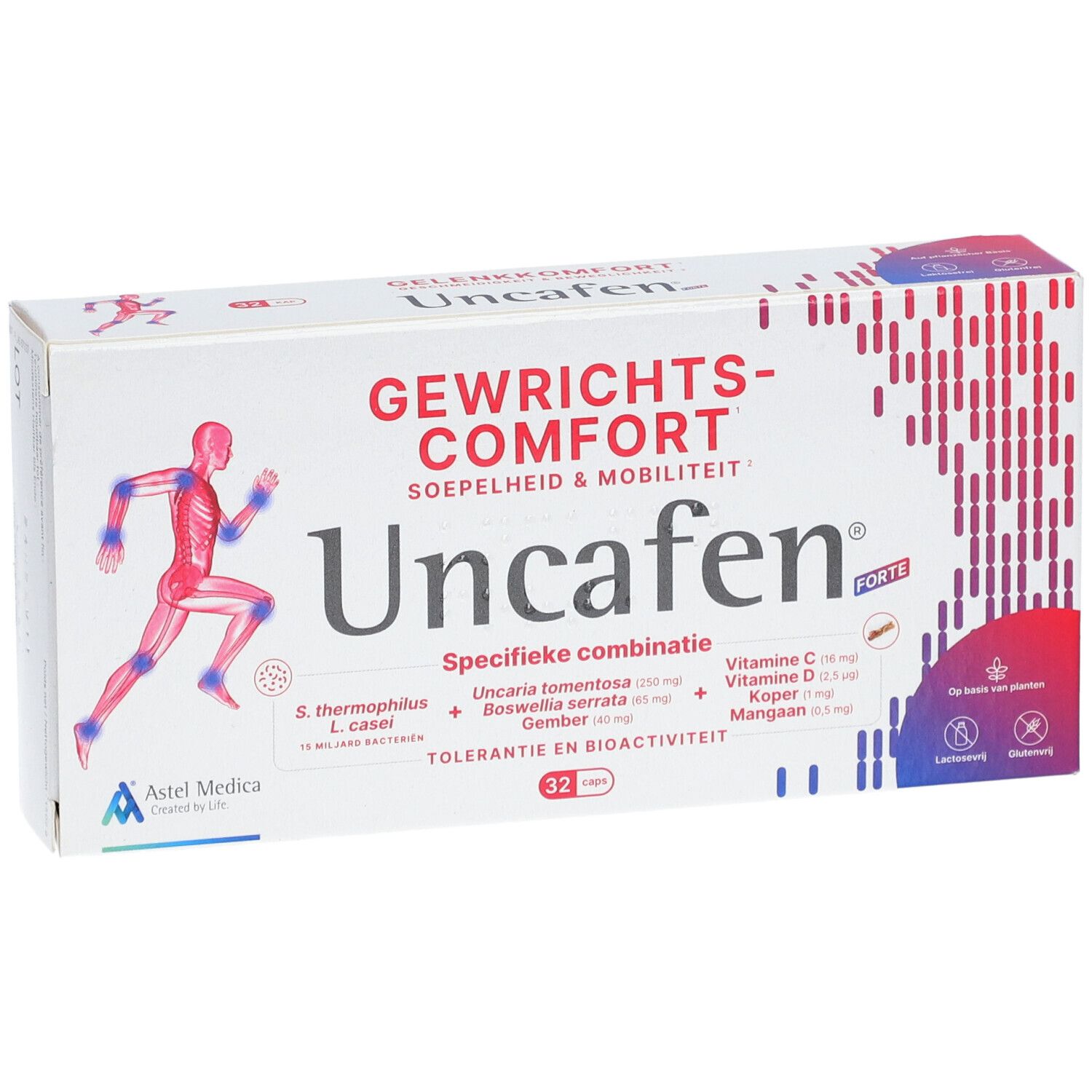 Witte doos Uncafen Forte. Opschriften: Gewrichtscomfort, 32 capsules, ingrediënten. Afbeelding van een hardloper.