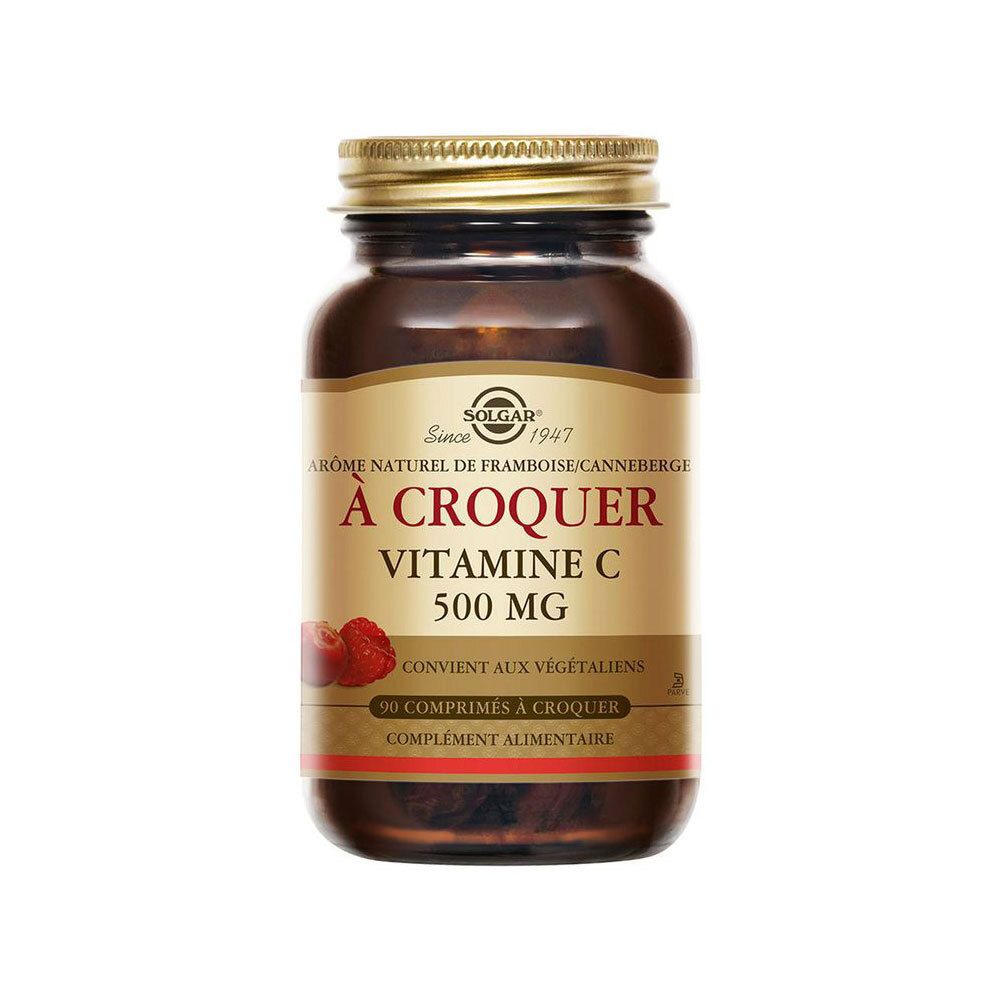 Flacon en verre brun avec bouchon doré. Étiquette "A CROQUER Vitamine C 500 MG". 90 comprimés.