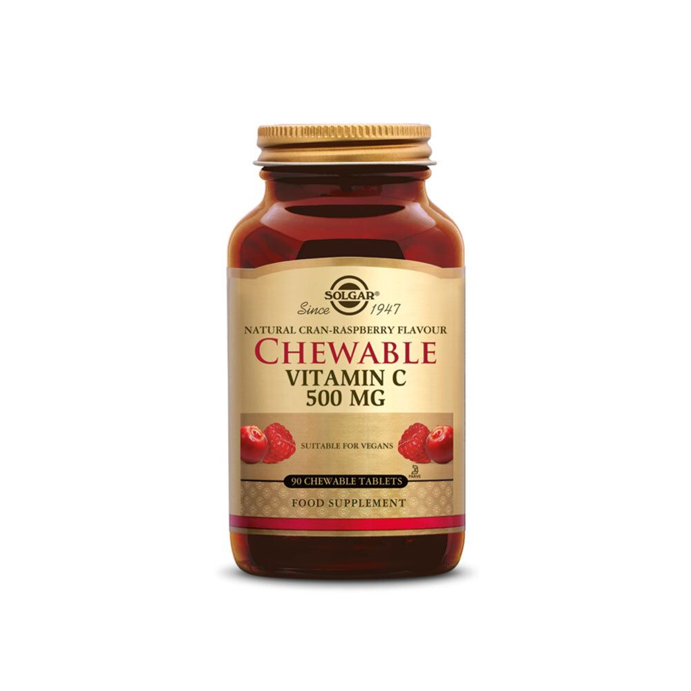 Bruine glazen fles met gouden dop. Etiket met "CHEWABLE Vitamin C 500 MG". 90 tabletten.