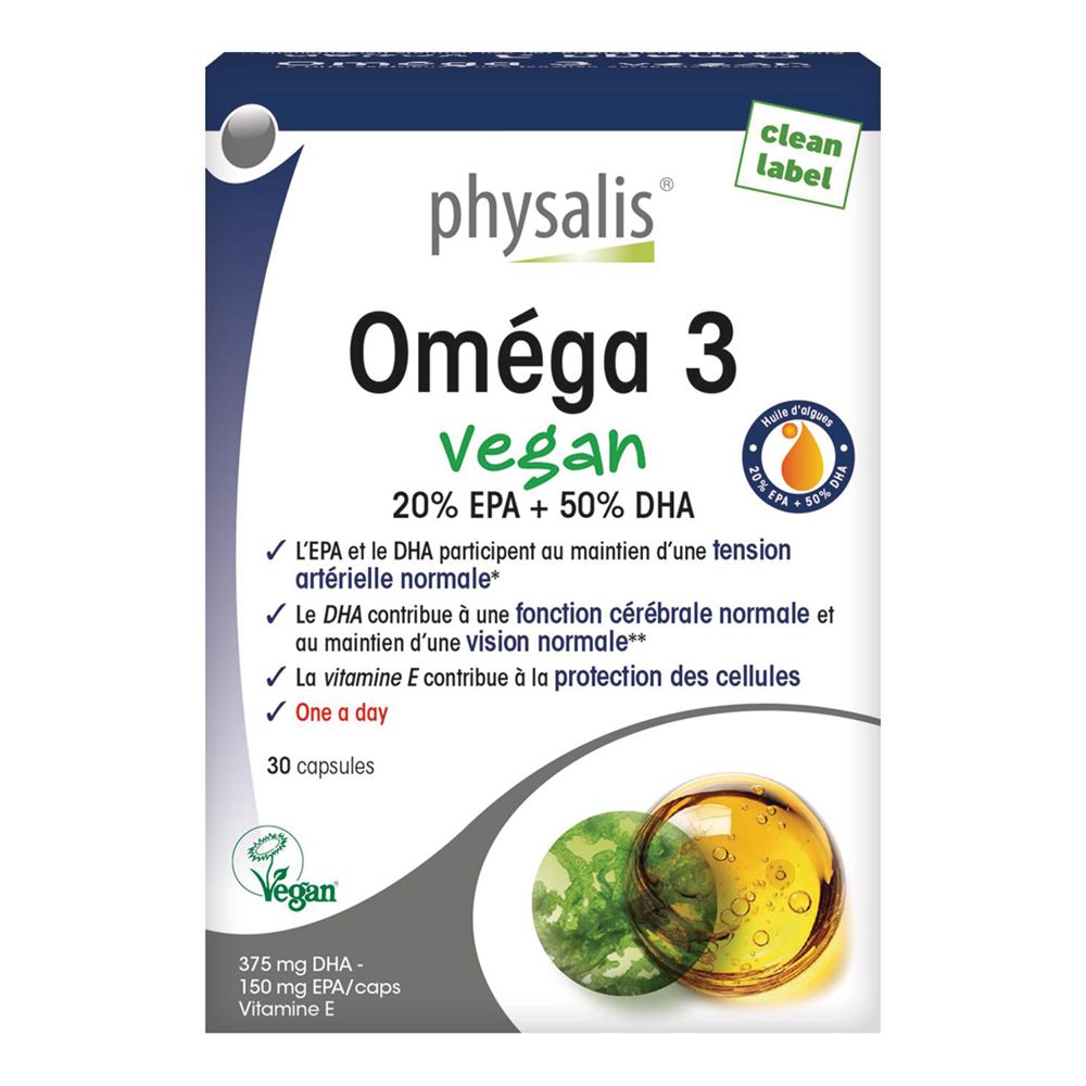 Kartonverpackung mit Produktaufdruck. Aufschrift: Oméga 3 vegan, 20% EPA + 50% DHA. 30 Kapseln. Vegan-Siegel.