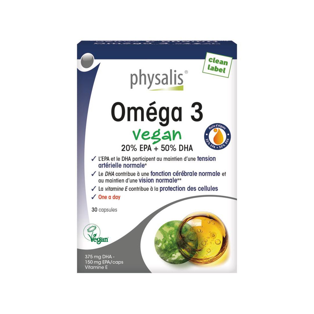 Boîte de Physalis Oméga 3 vegan. Contient 30 capsules. Inscription : 20% EPA + 50% DHA. Label vegan.