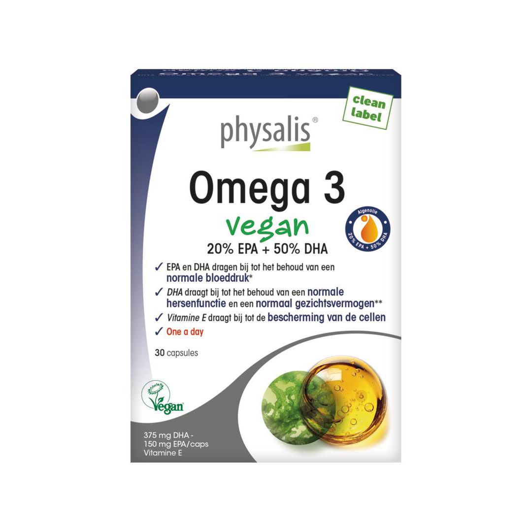 Verpakking Physalis Omega 3 vegan. Bevat 30 capsules. Opschrift: 20% EPA + 50% DHA. Vegan label.