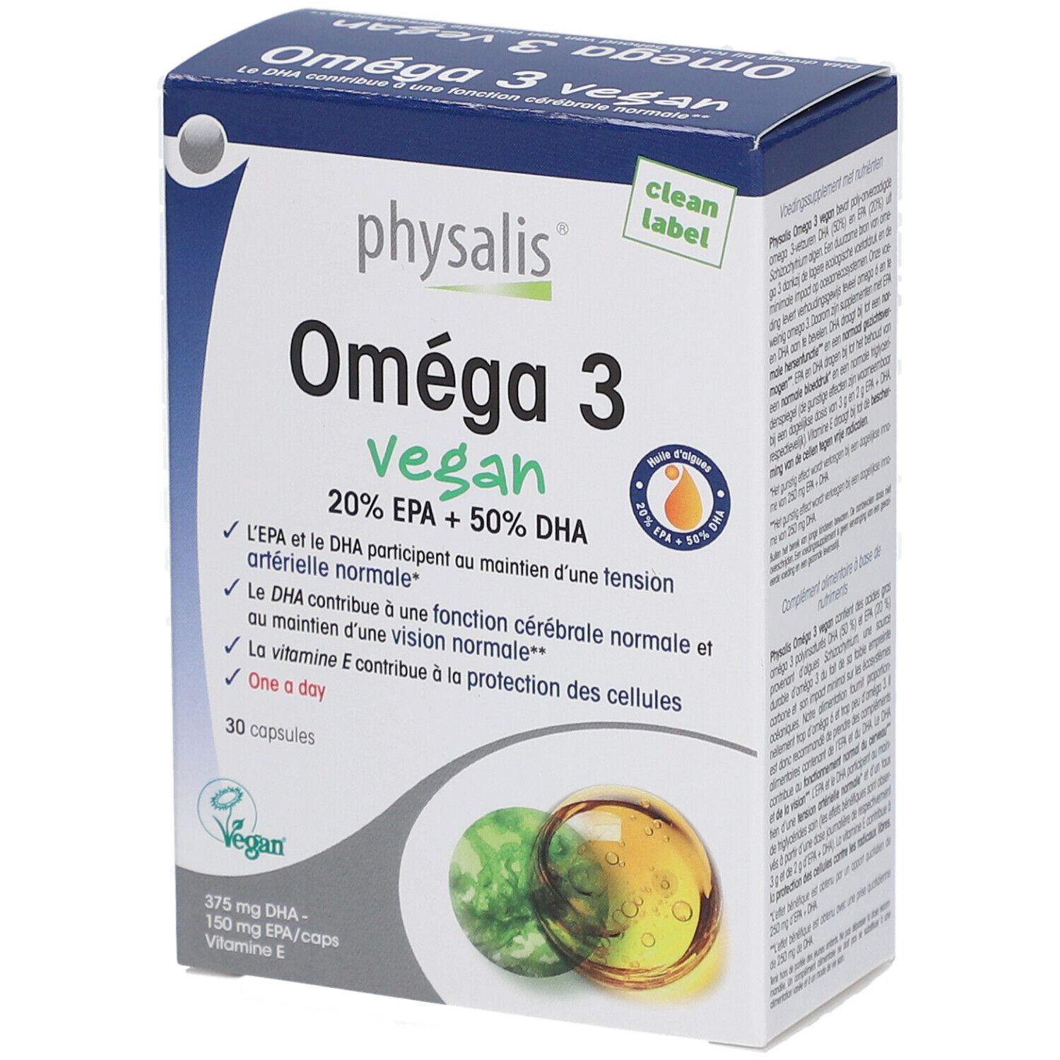 Kartonverpackung mit Produktaufdruck. Aufschrift: Oméga 3 vegan, 20% EPA + 50% DHA. 30 Kapseln. Vegan-Siegel.