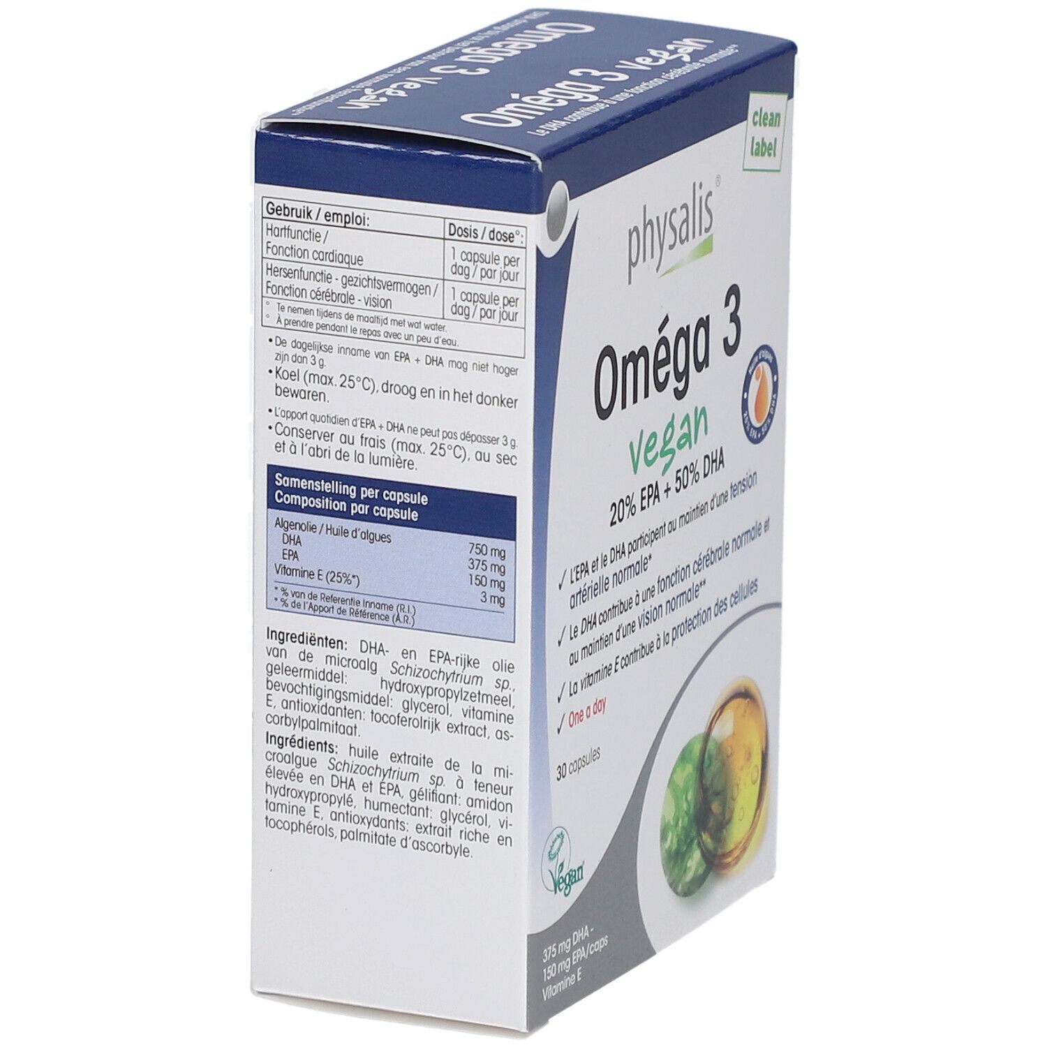 Kartonverpackung mit Produktinformationen. Aufschrift: Oméga 3 vegan. Inhaltsstoffe und Dosierung. Vegan-Siegel.