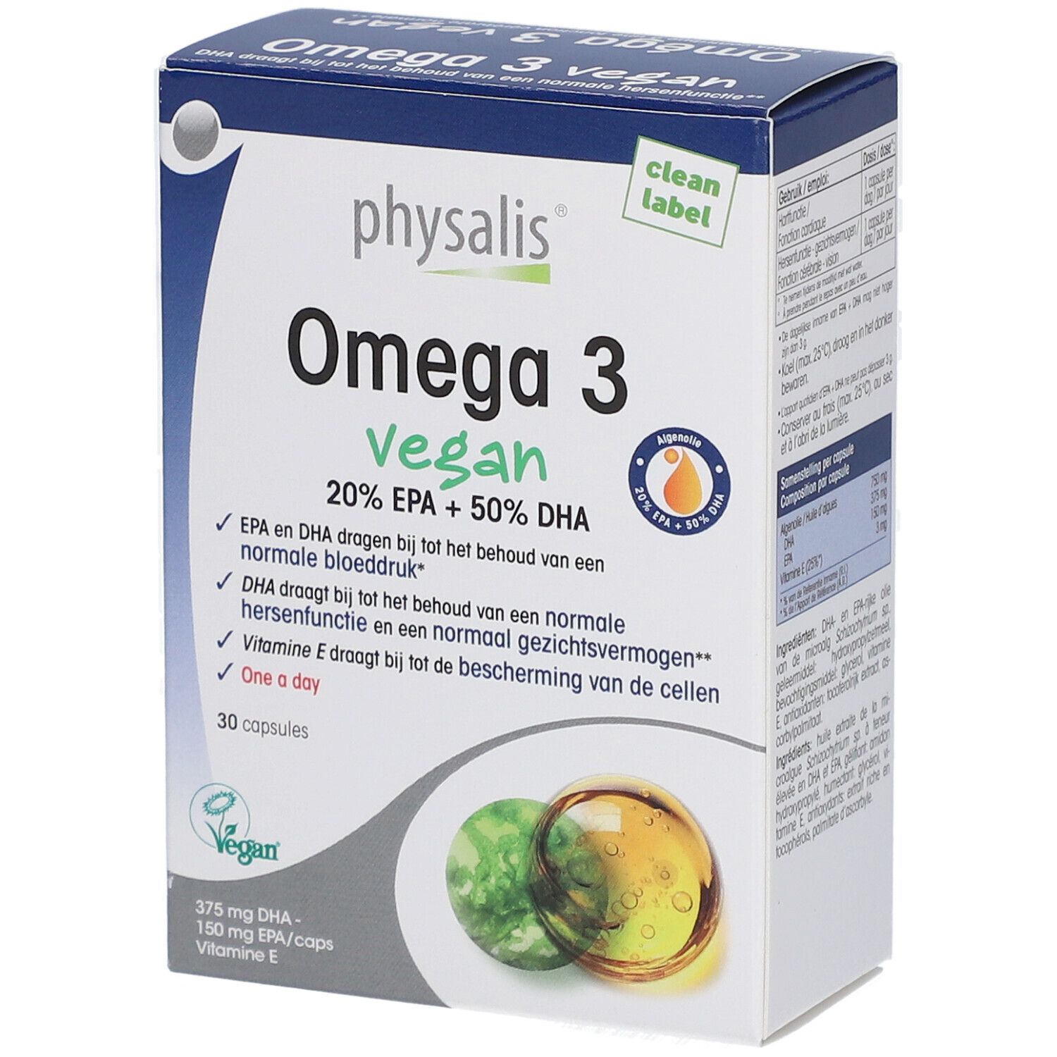 Kartonverpackung mit Produktaufdruck. Aufschrift: Oméga 3 vegan, 20% EPA + 50% DHA. 30 Kapseln. Vegan-Siegel.