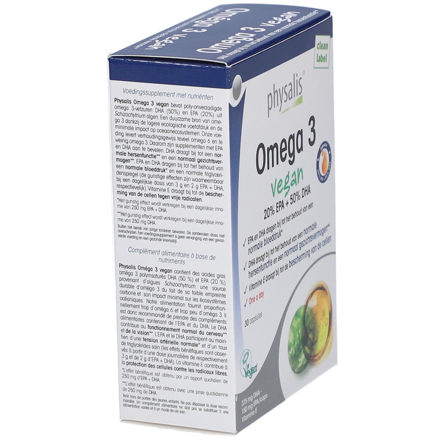 Kartonverpackung mit Produktinformationen. Aufschrift: Oméga 3 vegan. Inhaltsstoffe und Dosierung. Vegan-Siegel.