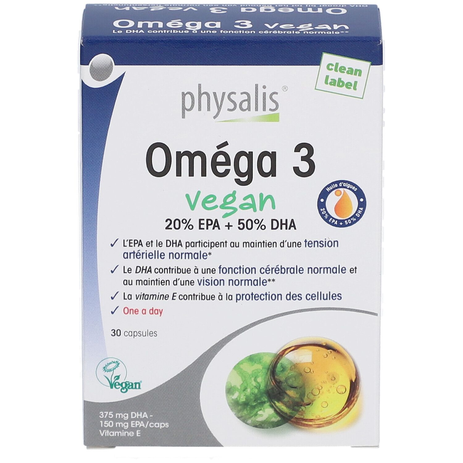 Kartonverpackung mit Produktaufdruck. Aufschrift: Oméga 3 vegan, 20% EPA + 50% DHA. 30 Kapseln. Vegan-Siegel.