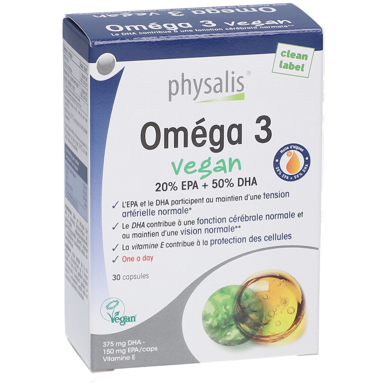Kartonverpackung mit Produktaufdruck. Aufschrift: Oméga 3 vegan, 20% EPA + 50% DHA. 30 Kapseln. Vegan-Siegel.