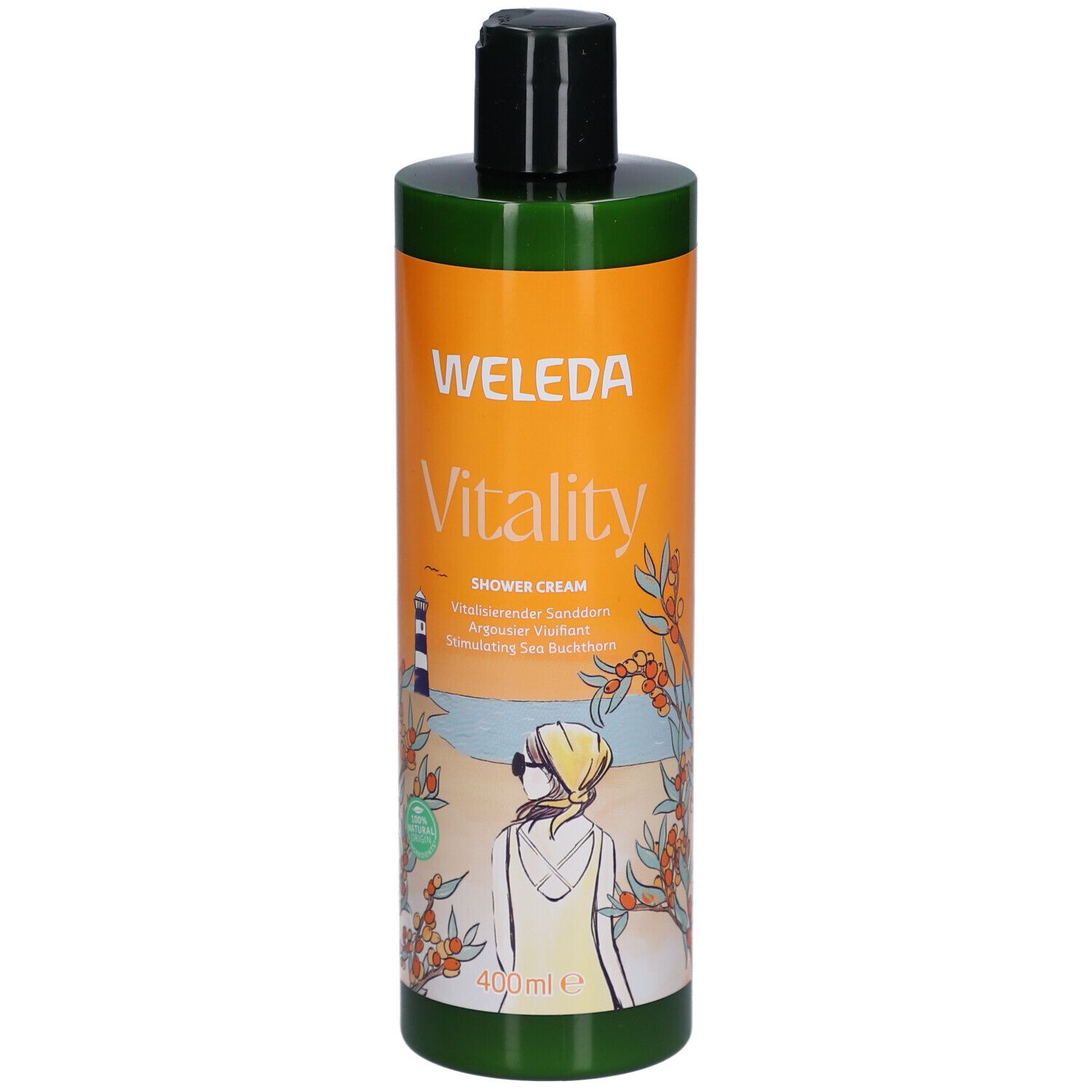 Flacon vert avec étiquette orange. Inscription: WELEDA Vitality, crème de douche. Illustration d'une femme au bord de la mer.