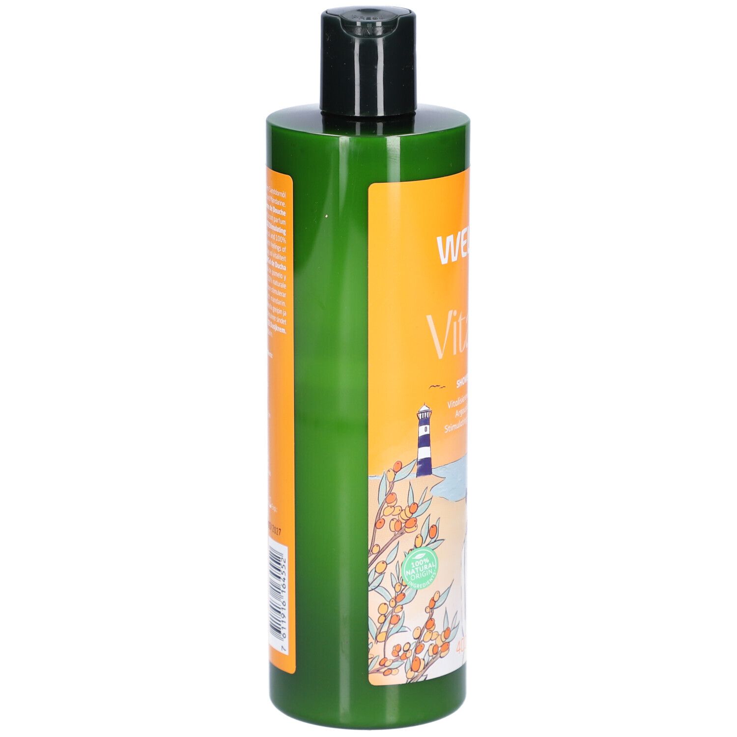 Flacon vert avec étiquette orange. Inscription: WELEDA Vitality, crème de douche. Illustration d'une femme au bord de la mer.
