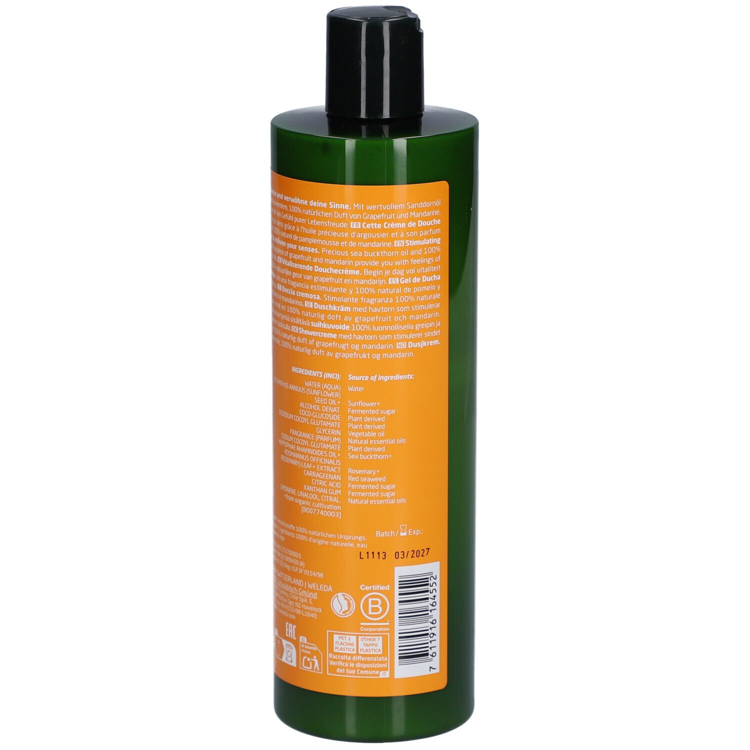 Flacon vert avec étiquette orange. Texte multilingue. Liste des ingrédients. Certifications.
