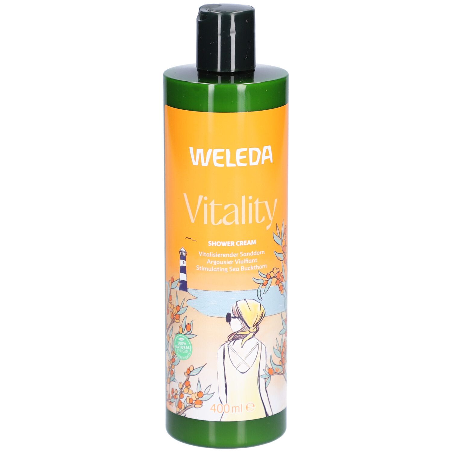 Flacon vert avec étiquette orange. Inscription: WELEDA Vitality, crème de douche. Illustration d'une femme au bord de la mer.