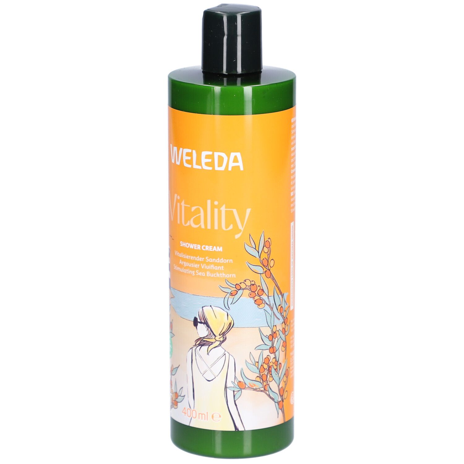 Flacon vert avec étiquette orange. Inscription: WELEDA Vitality, crème de douche. Illustration d'une femme au bord de la mer.