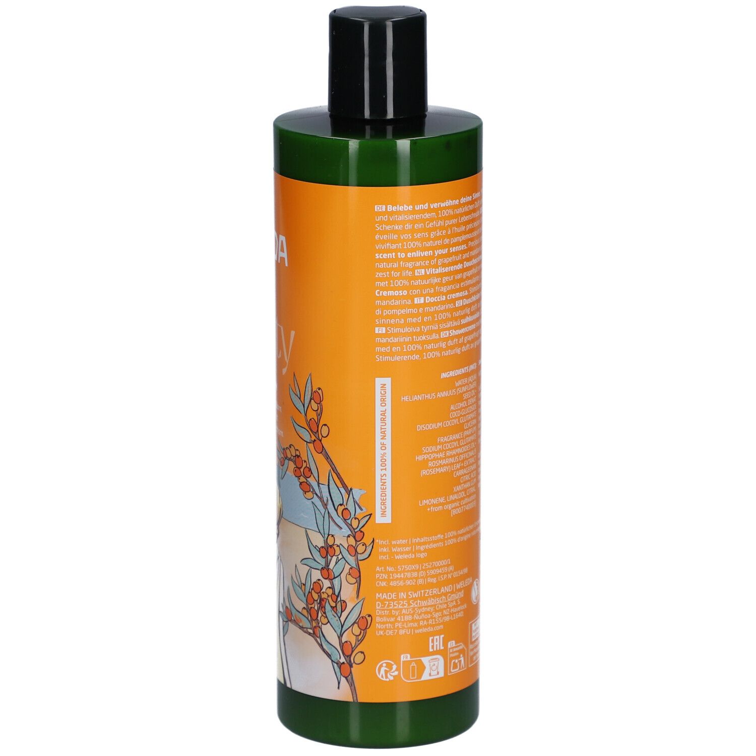Flacon vert avec étiquette orange. Texte multilingue. Liste des ingrédients. Certifications.