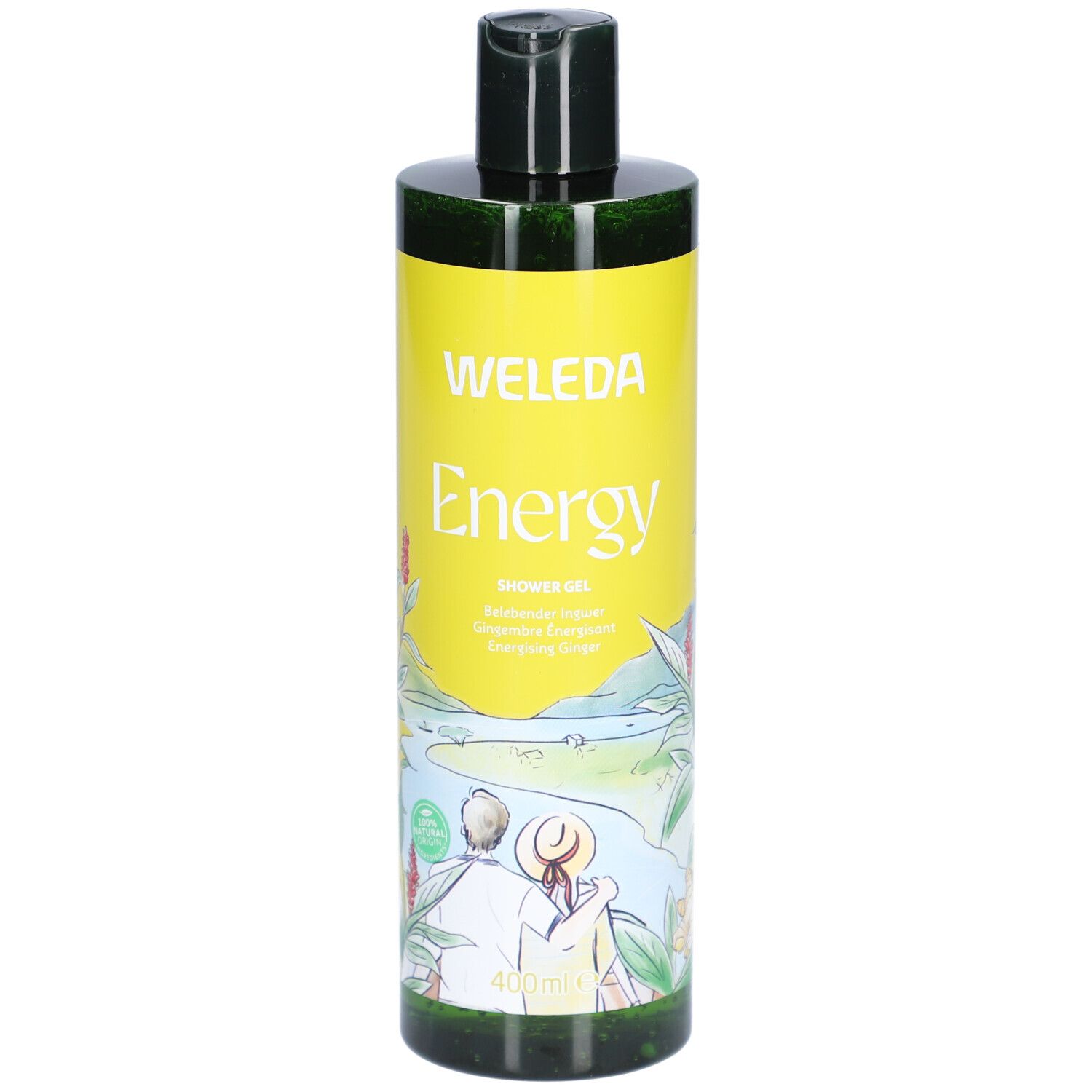 Gelbe Flasche mit grünem Deckel. Aufschrift: WELEDA Energy. Illustration: Paar am Fluss. 400 ml.