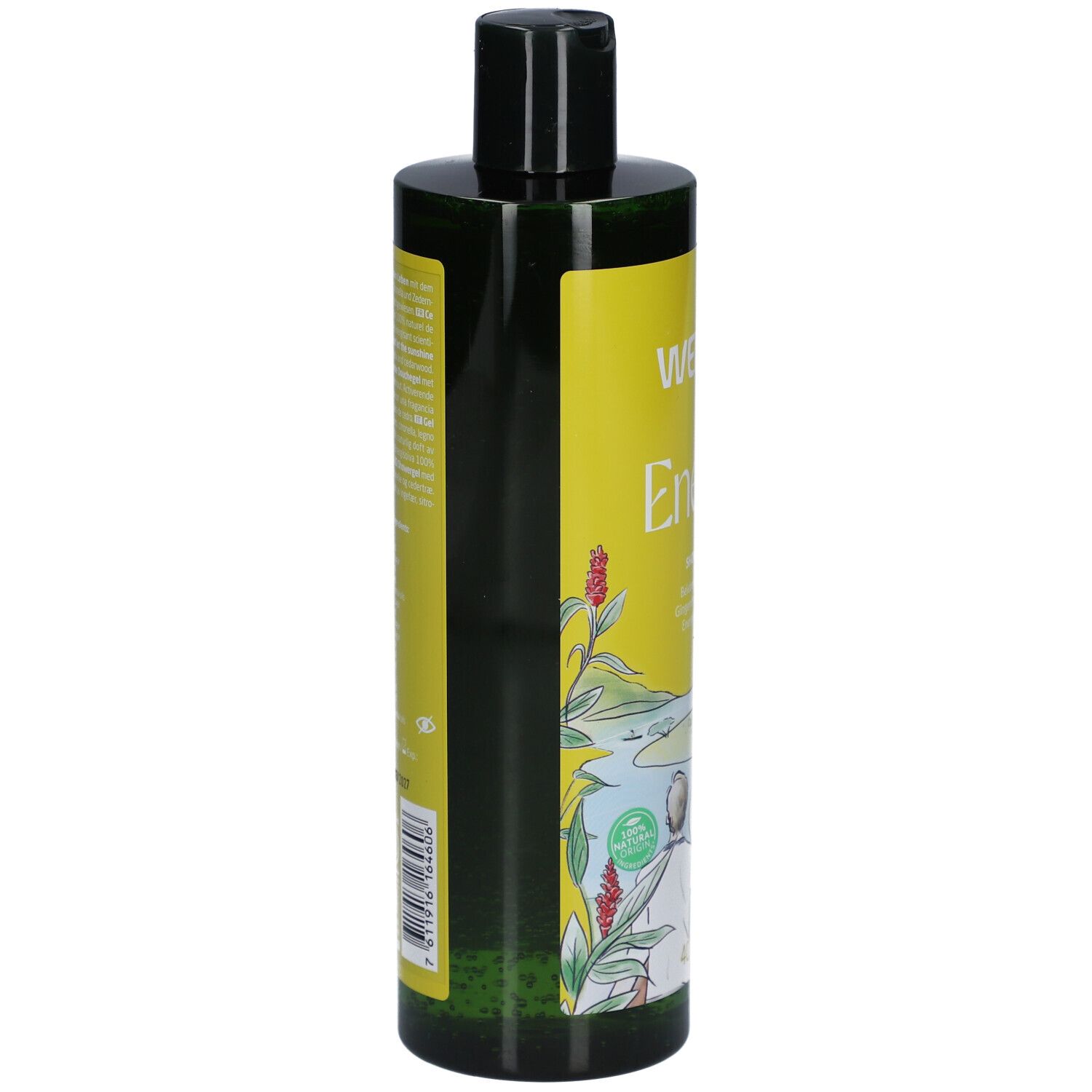 Grüne Flasche mit gelbem Etikett. Aufschrift und Text. Barcode und weitere Informationen.