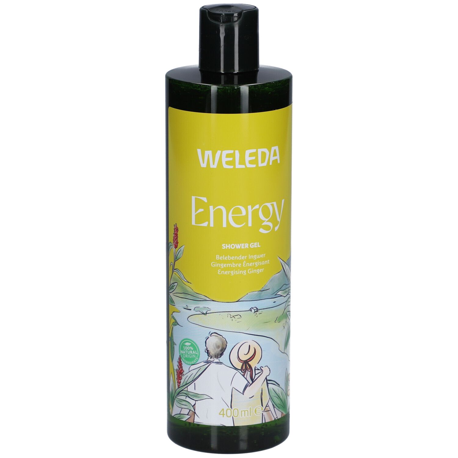 Gelbe Flasche mit grünem Deckel. Aufschrift: WELEDA Energy. Illustration: Paar am Fluss. 400 ml.
