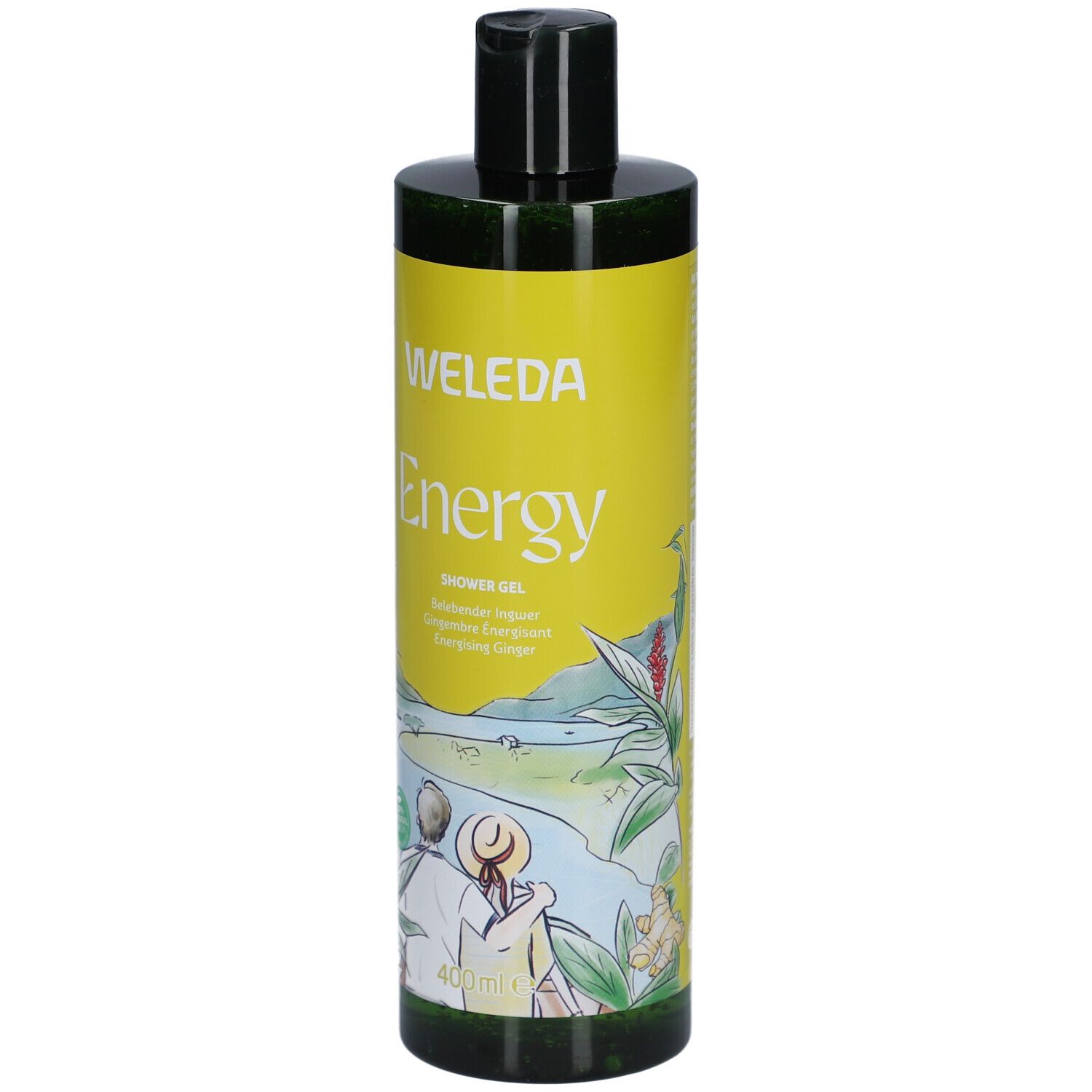 Gelbe Flasche mit grünem Deckel. Aufschrift: WELEDA Energy. Illustration: Paar am Fluss. 400 ml.