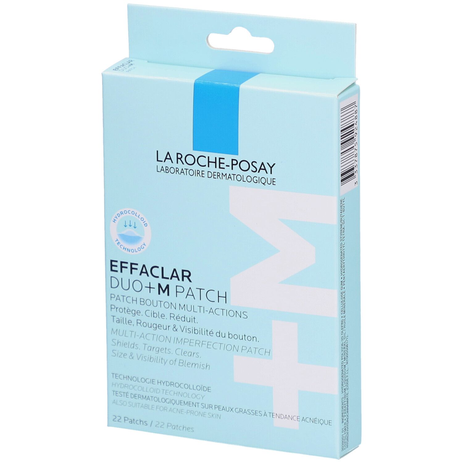 Hellblaue Schachtel mit La Roche-Posay Effaclar Duo+M Patch. 22 Patches. Vorderseite mit Produktinformationen.