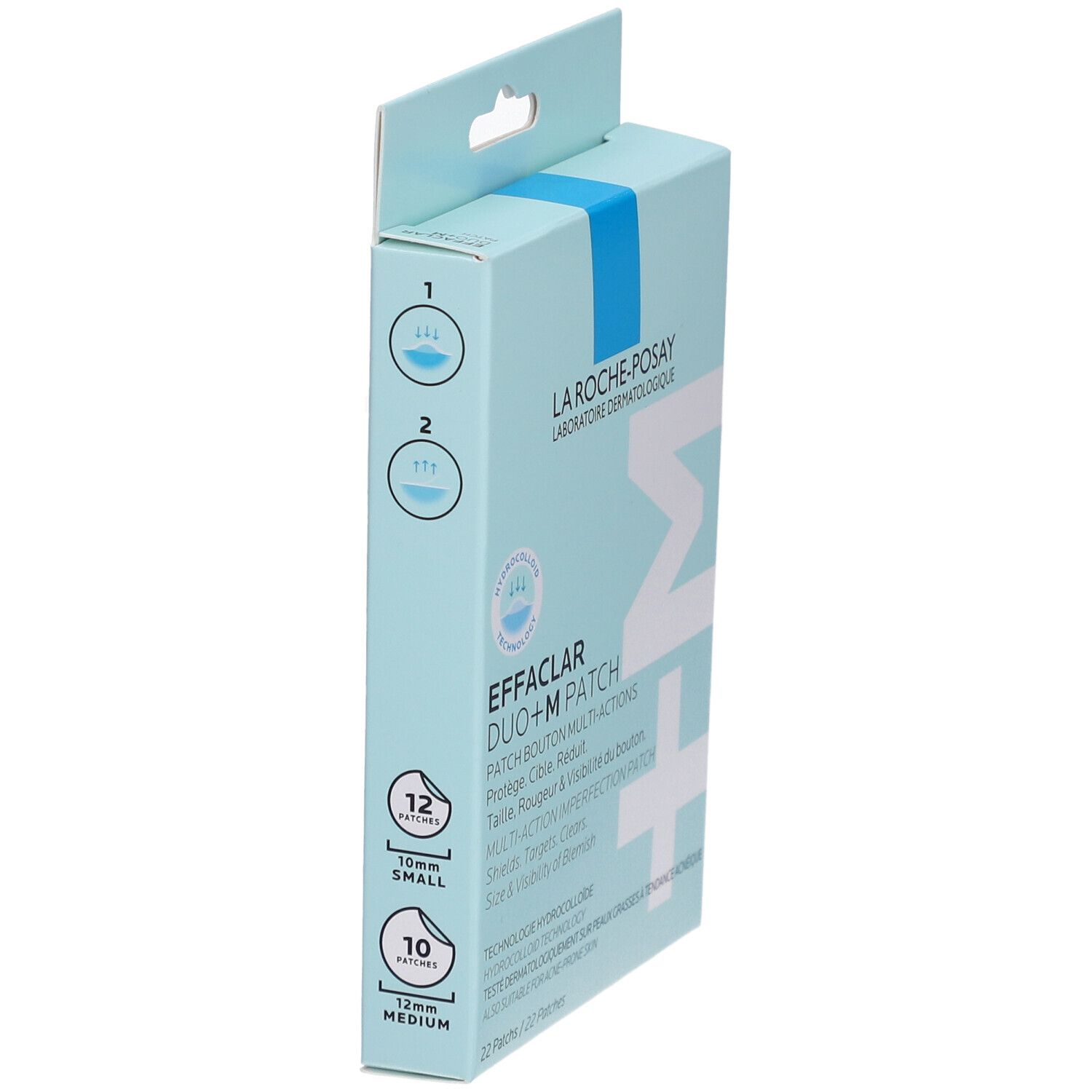 Hellblaue Schachtel Effaclar Duo+M Patch. Seitenansicht mit Produktinformationen und Größenangaben.