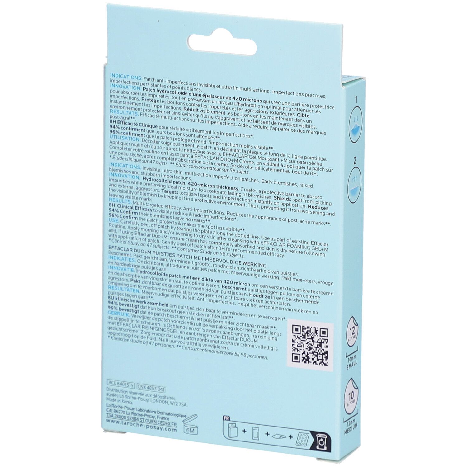 Rückseite der hellblauen Schachtel Effaclar Duo+M Patch. Text mit Produktinformationen und QR-Code.