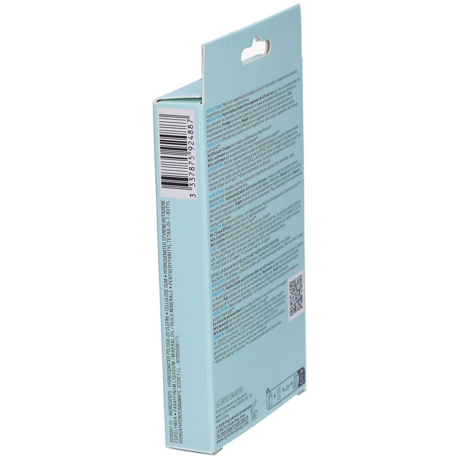 Seitenansicht der hellblauen Schachtel Effaclar Duo+M Patch. Barcode und Text.