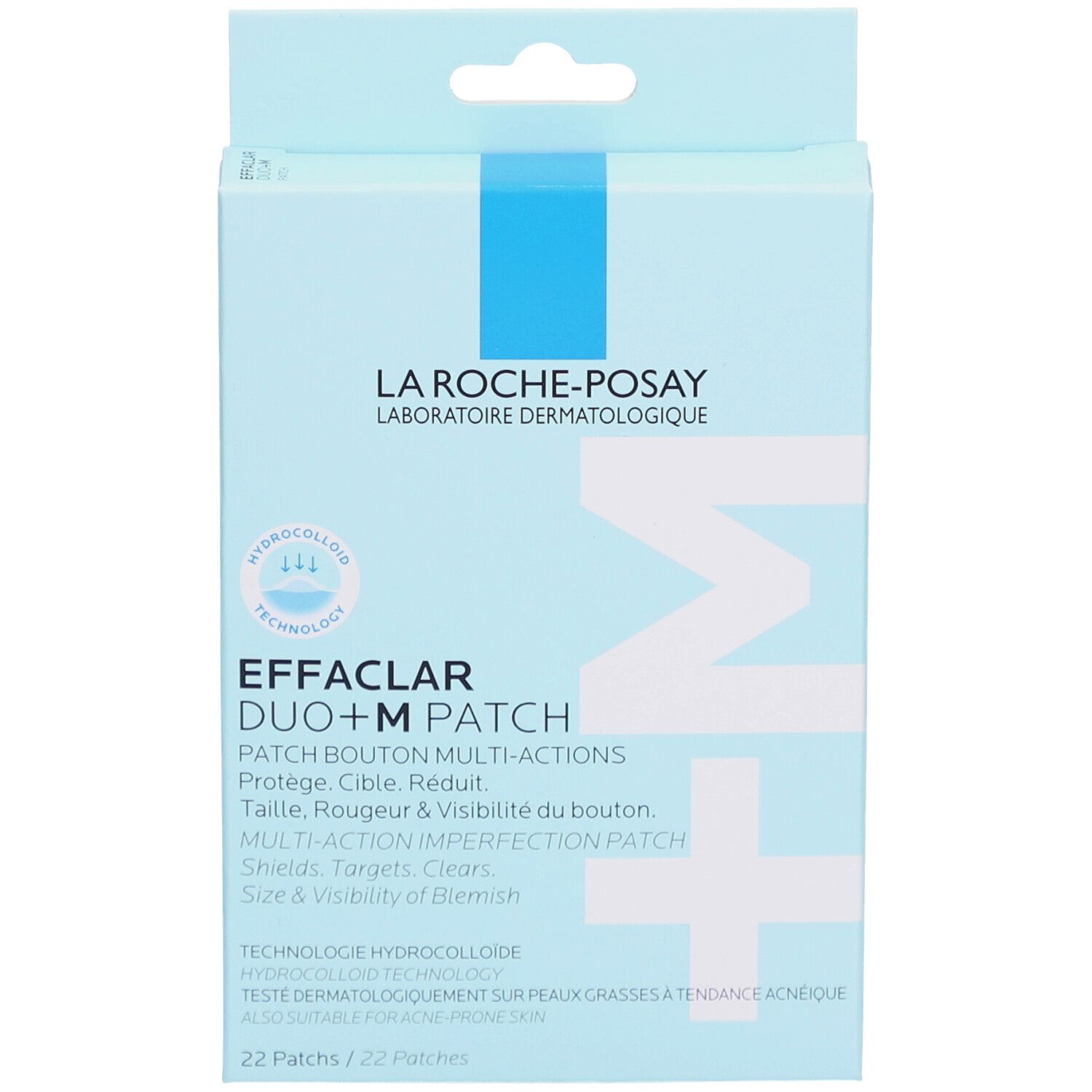 Hellblaue Schachtel Effaclar Duo+M Patch. Vorderansicht mit Produktinformationen und Logo.