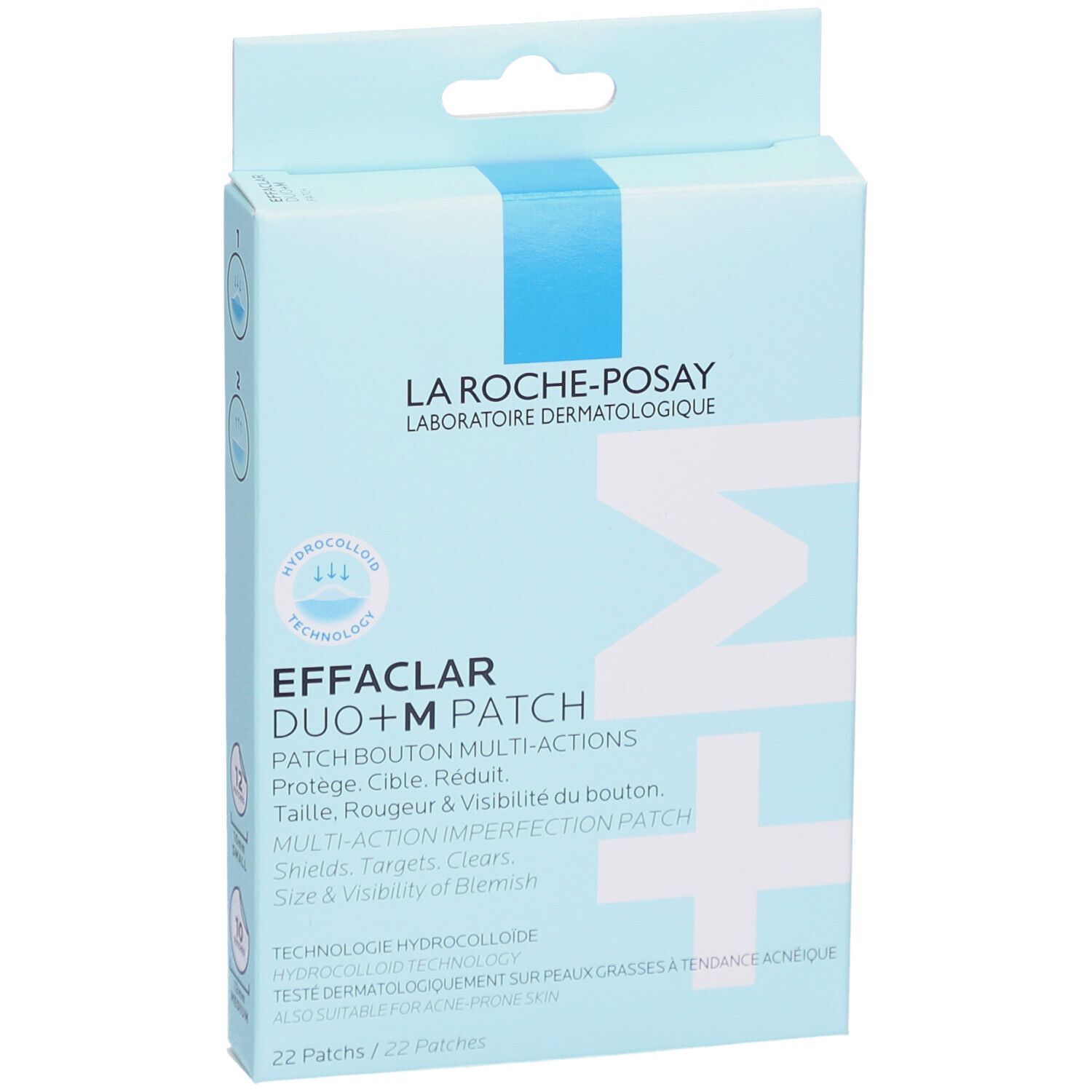 Hellblaue Schachtel Effaclar Duo+M Patch. Vorderansicht mit Produktinformationen und Logo.
