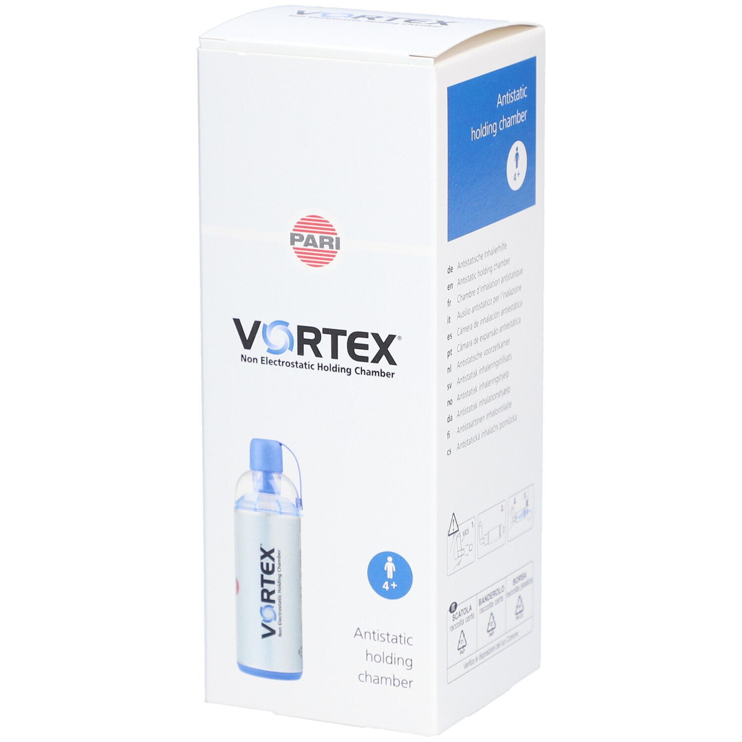 Verpakking van de inhalatiekamer Vortex. Witte doos met productafbeelding en blauwe accenten. PARI-logo en productnaam.