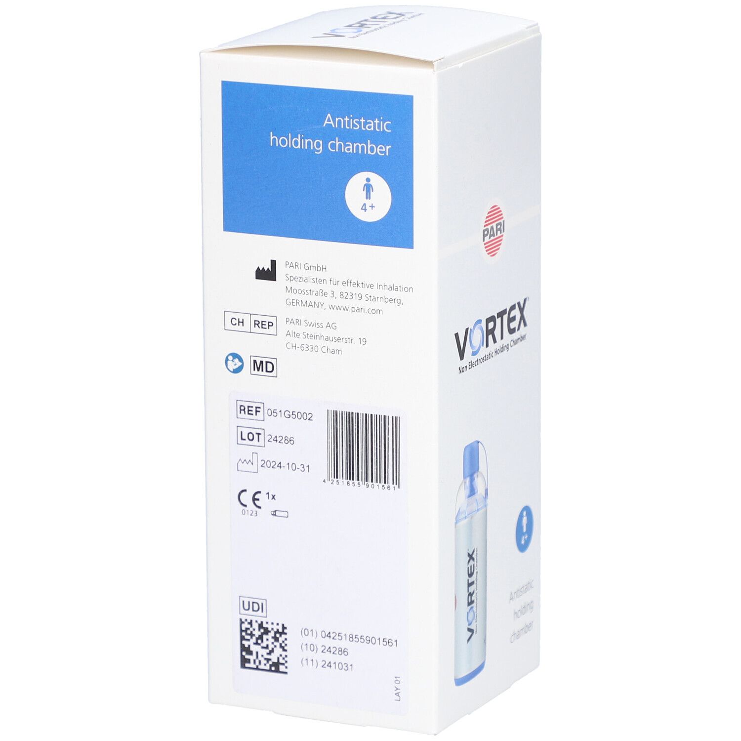 Achterkant van de Vortex-verpakking. Bevat informatie zoals fabrikantenadres, batchnummer, vervaldatum en CE-markering.