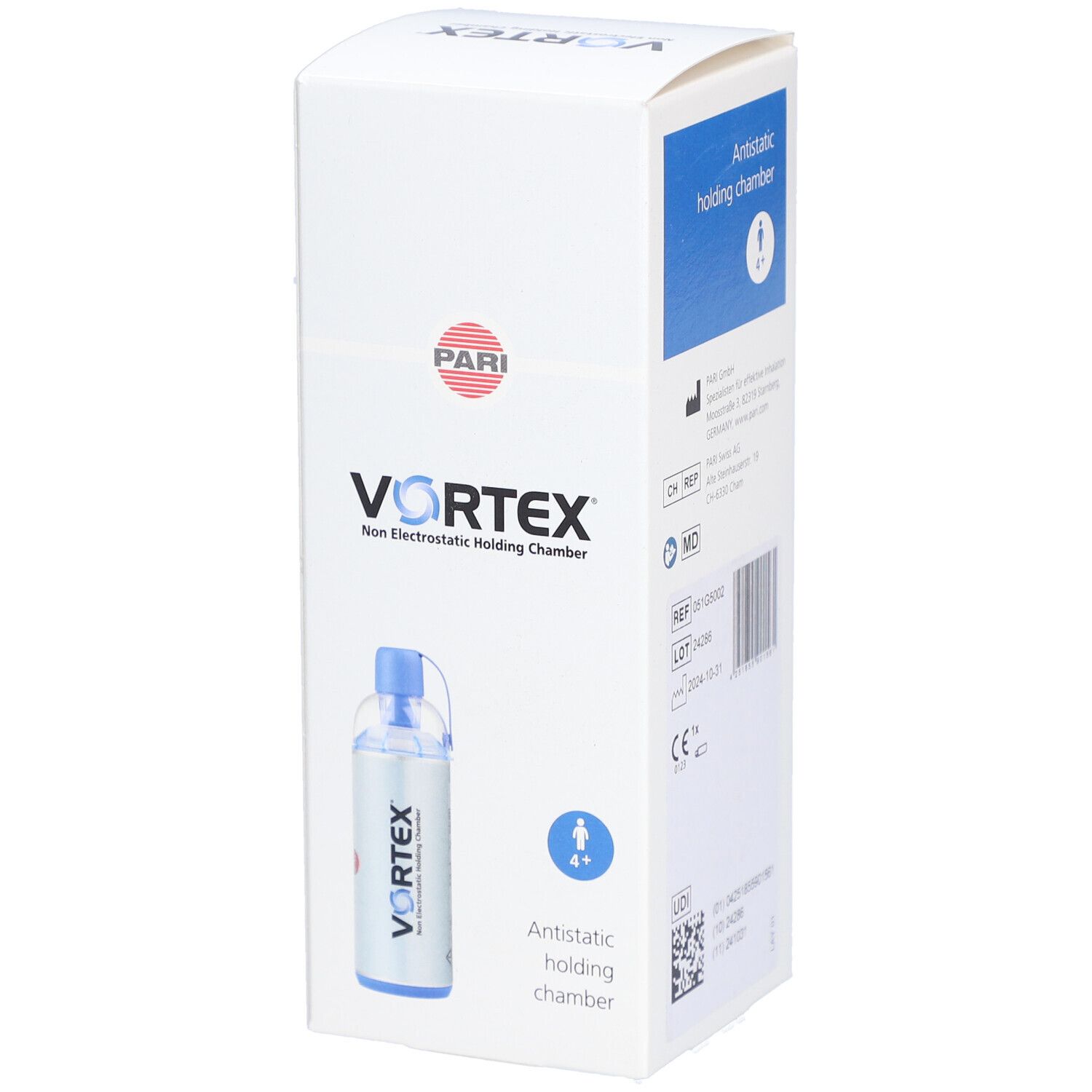 Voorkant van de Vortex-verpakking. Witte doos met productafbeelding en blauwe accenten. PARI-logo en productnaam.
