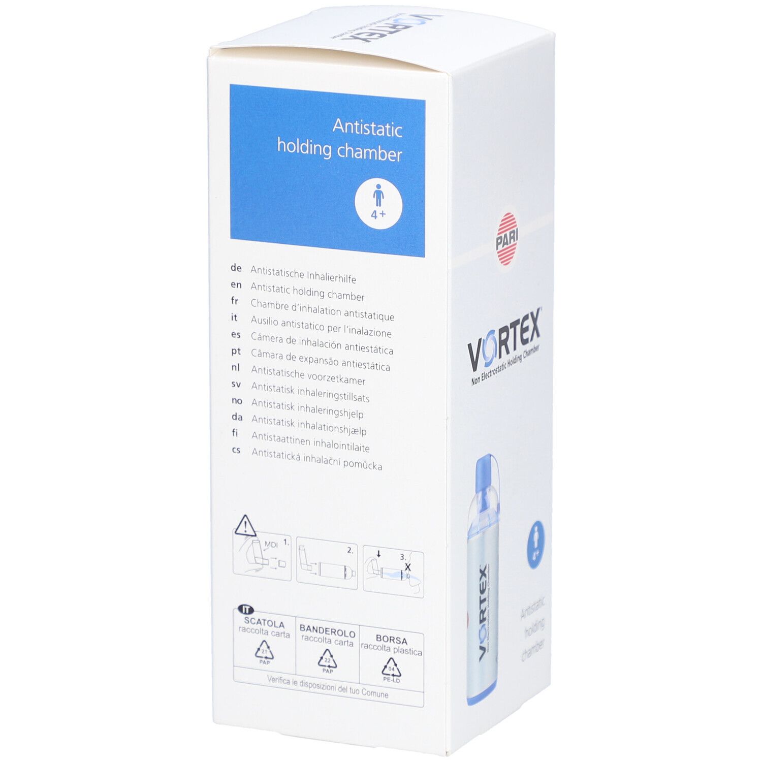 Vortex-verpakking met tekst in verschillende talen. Bevat informatie over gebruik en fabrikant.