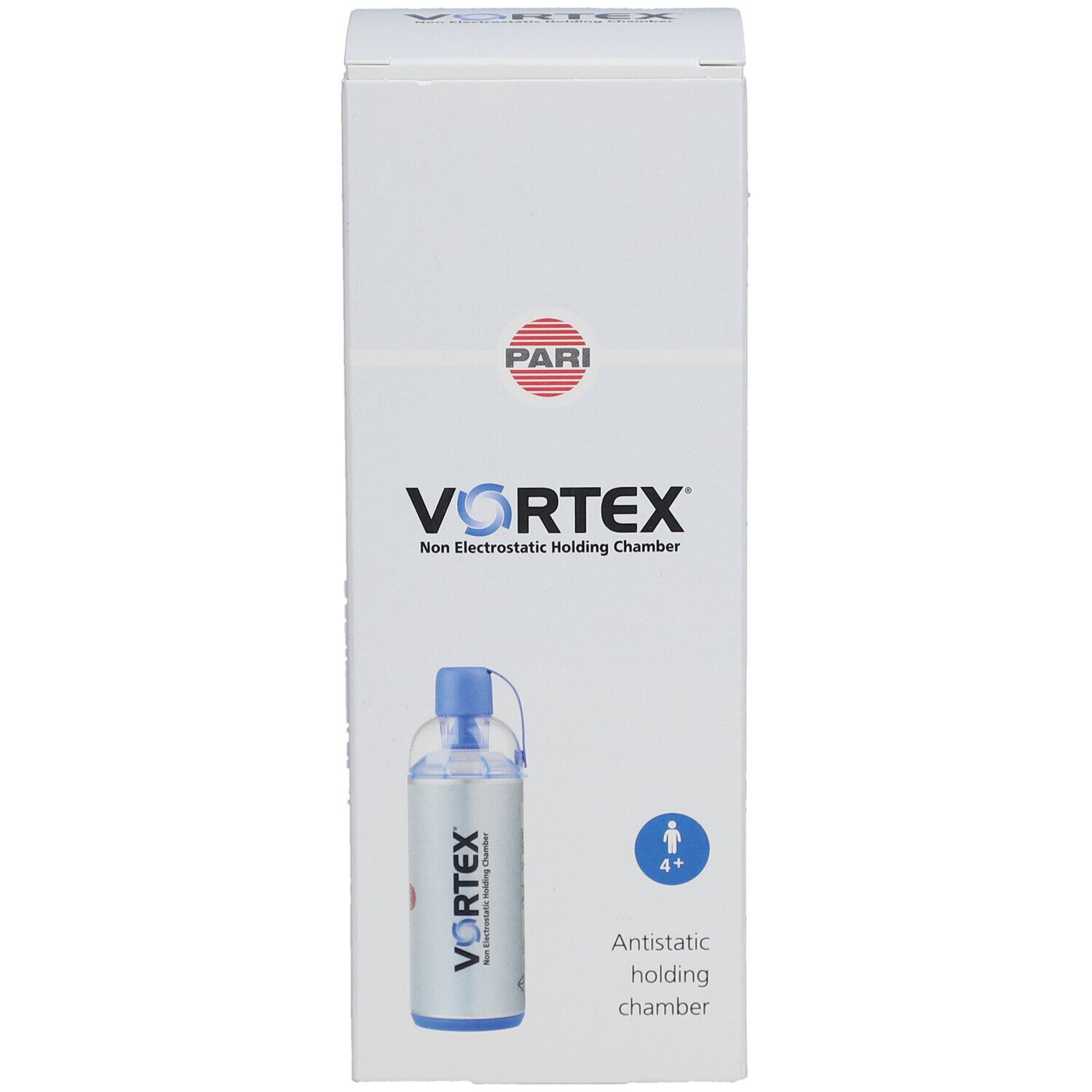 Voorkant van de Vortex-verpakking. Witte doos met productafbeelding en blauwe accenten. PARI-logo en productnaam.