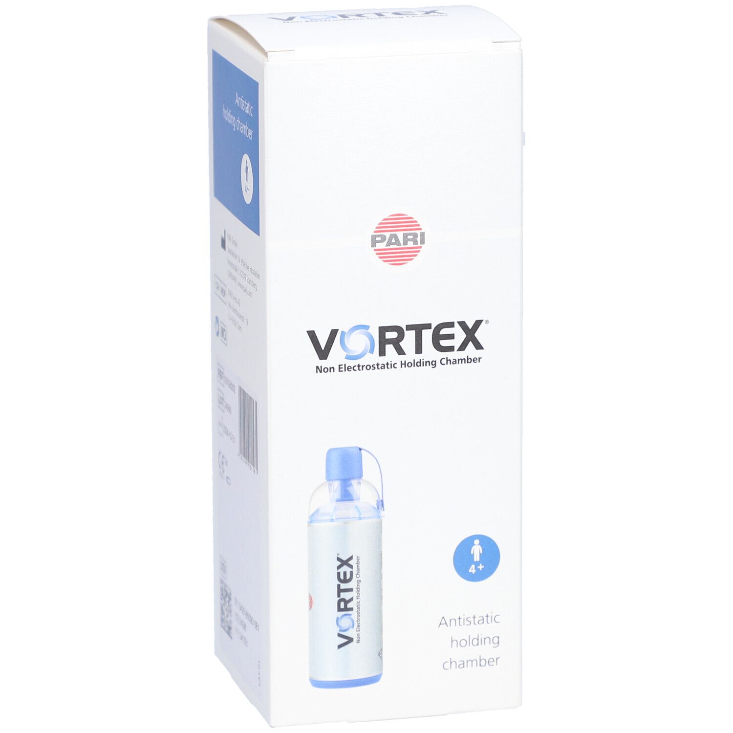Voorkant van de Vortex-verpakking. Witte doos met productafbeelding en blauwe accenten. PARI-logo en productnaam.