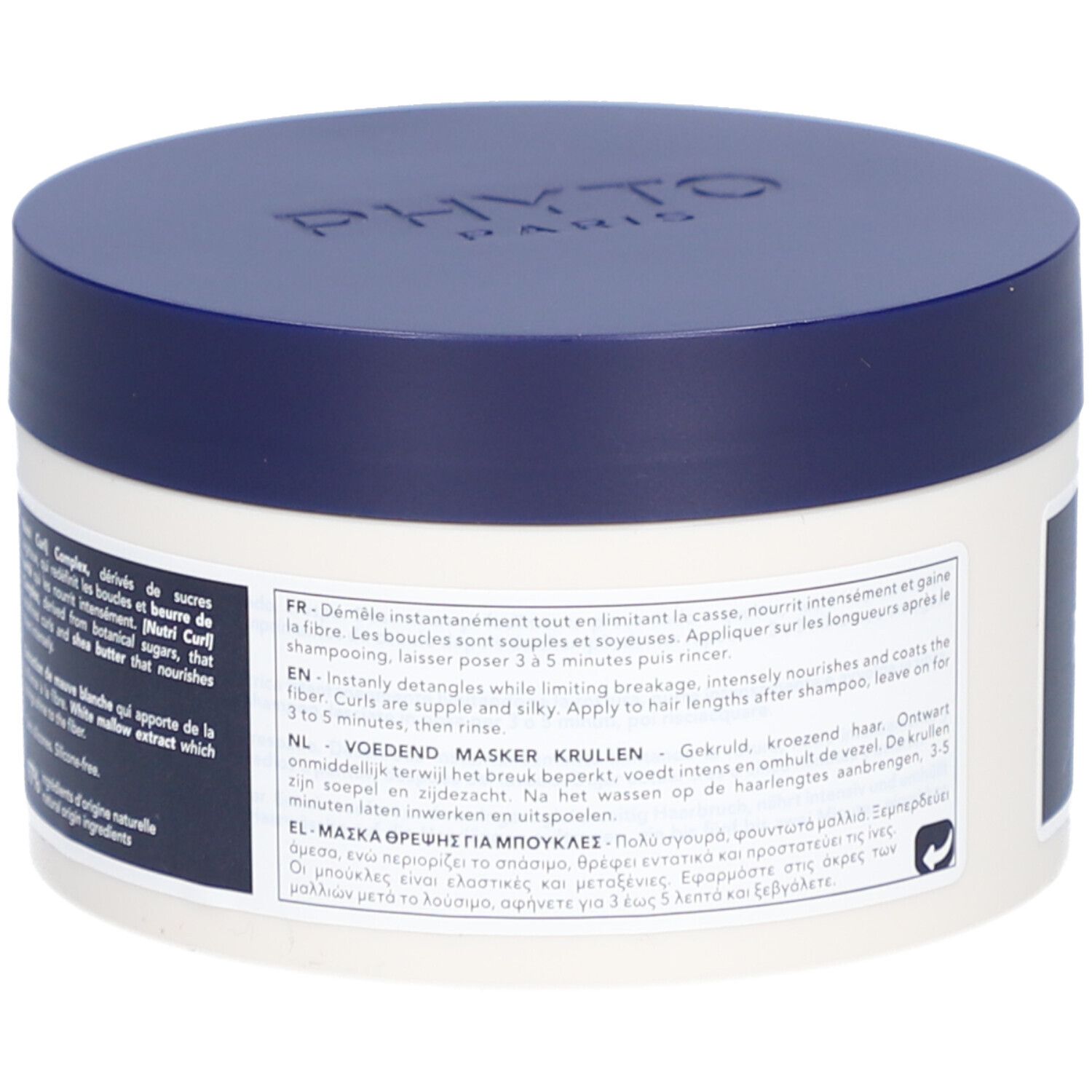 Cremebehälter mit blauem Deckel. Rückseite mit Text in mehreren Sprachen. Produktinformationen und Anweisungen.