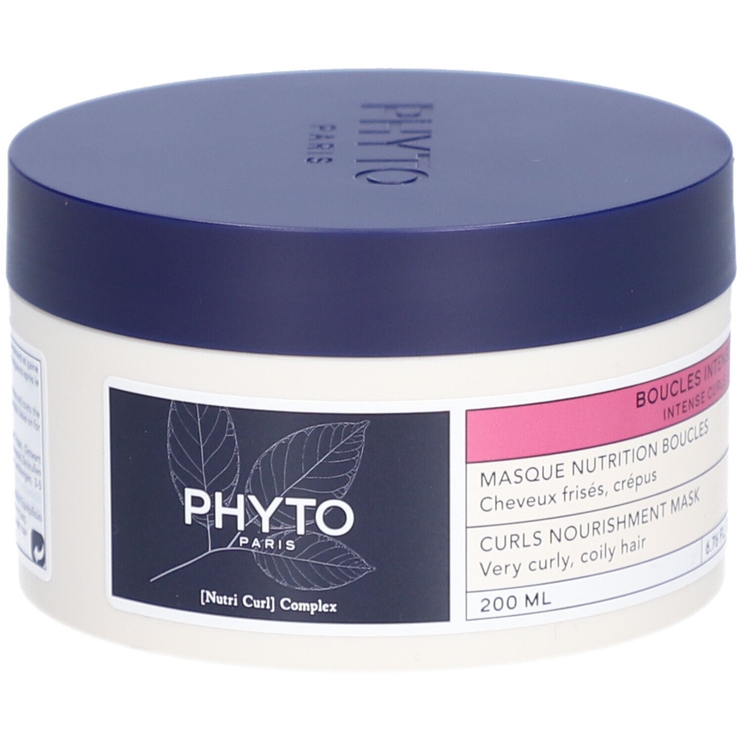 Cremebehälter mit blauem Deckel. Aufschrift: PHYTOPARIS, [Nutri Curl] Complex. Etikett mit Produktinformationen.
