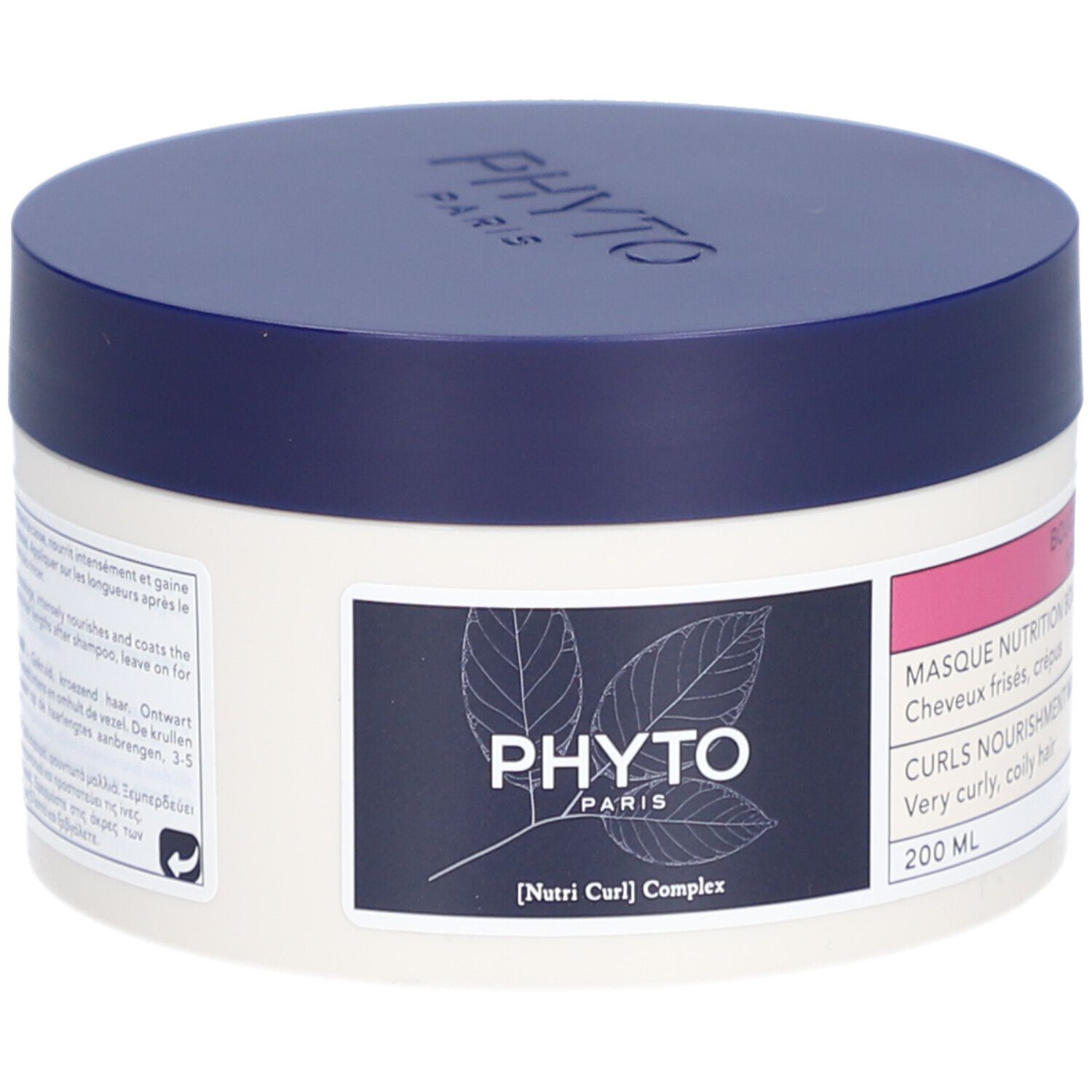 Cremebehälter mit blauem Deckel. Aufschrift: PHYTOPARIS, [Nutri Curl] Complex. Etikett mit Produktinformationen.