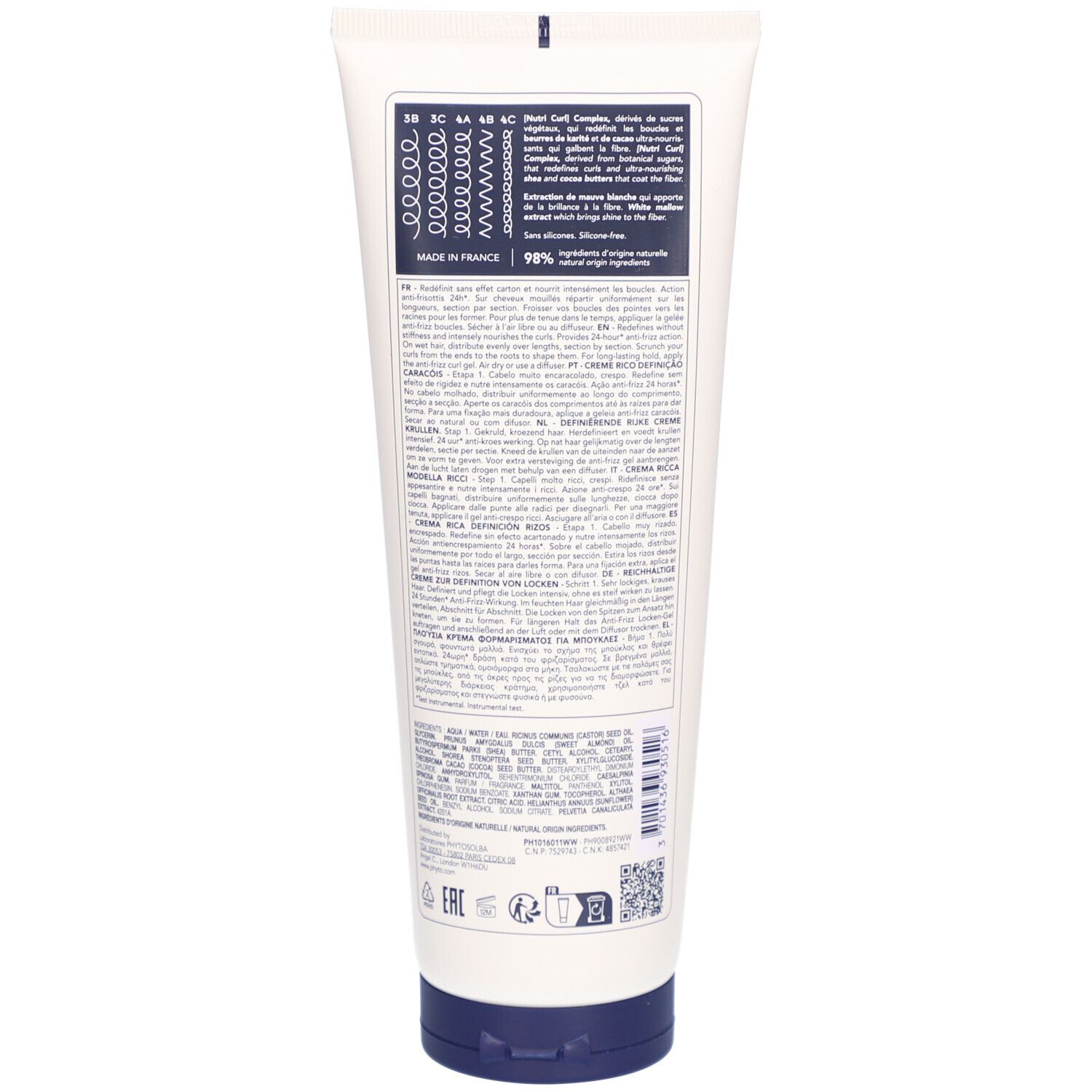 Rückseite der Tube. Text in mehreren Sprachen. Blaue Schrift auf weißem Hintergrund. Hergestellt in Frankreich.
