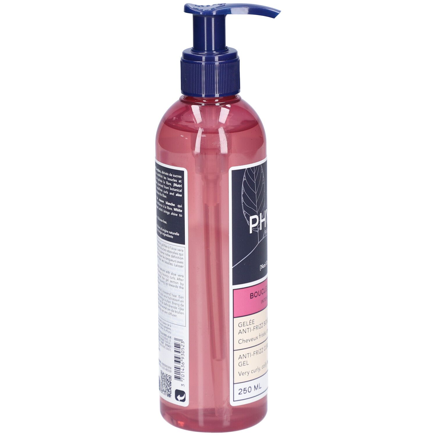 Phyto Boucles Intenses Gelée Anti-Frizz Flasche mit Pumpspender, Rückseite mit Produktinformationen.