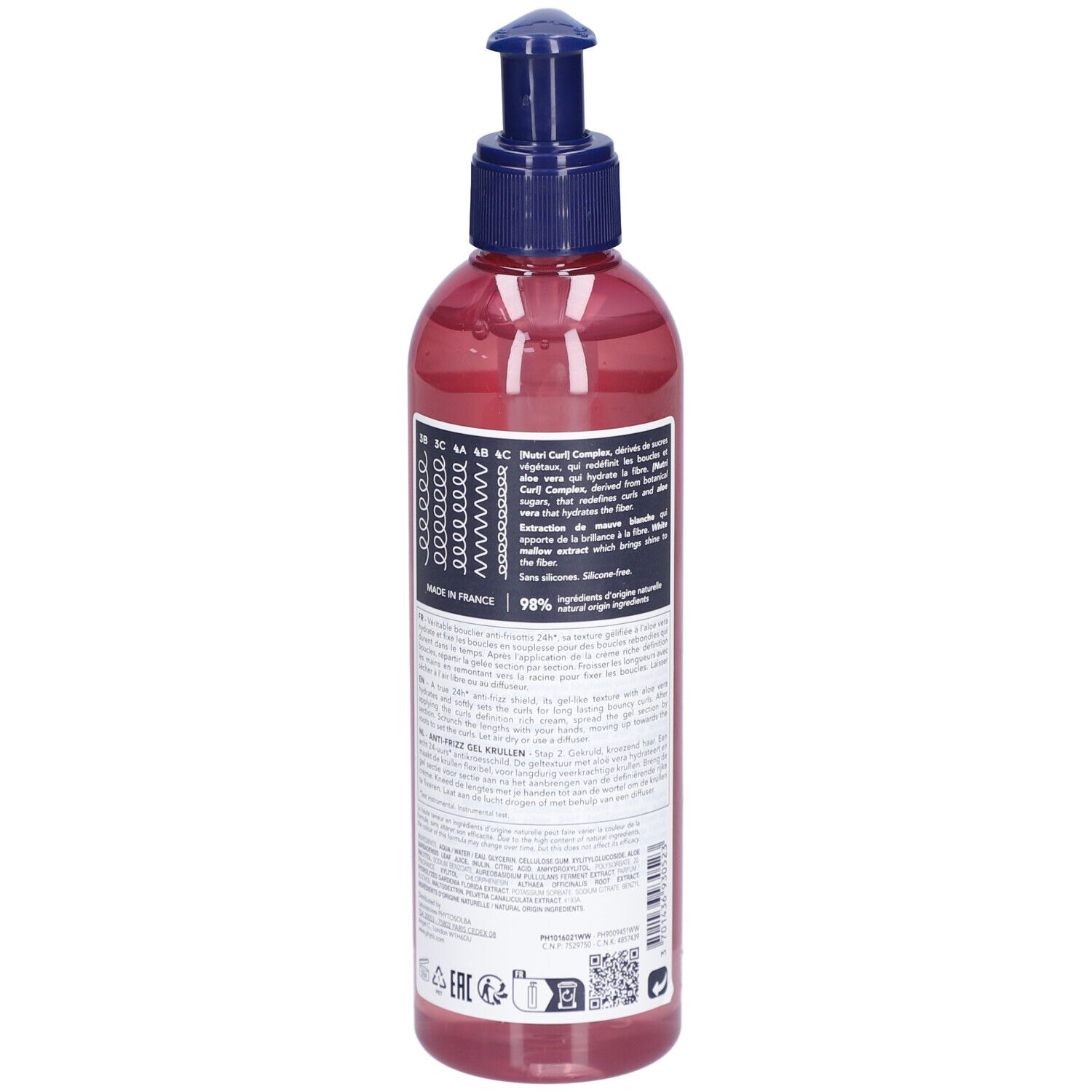 Phyto Boucles Intenses Gelée Anti-Frizz Flasche mit Pumpspender, Rückseite mit detaillierten Produktinformationen.