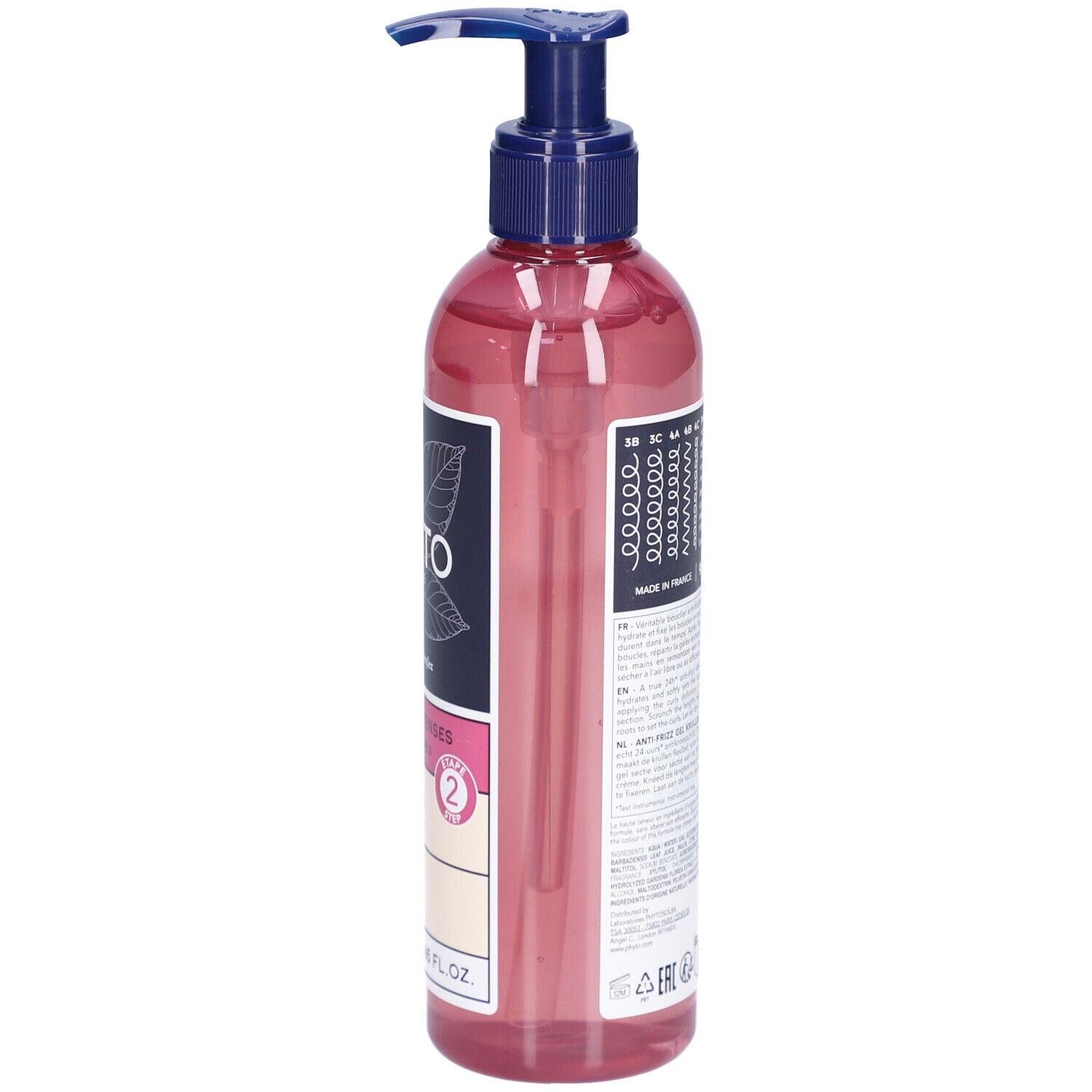 Durchsichtige rosa Flasche mit blauem Pumpspender und Etikett.