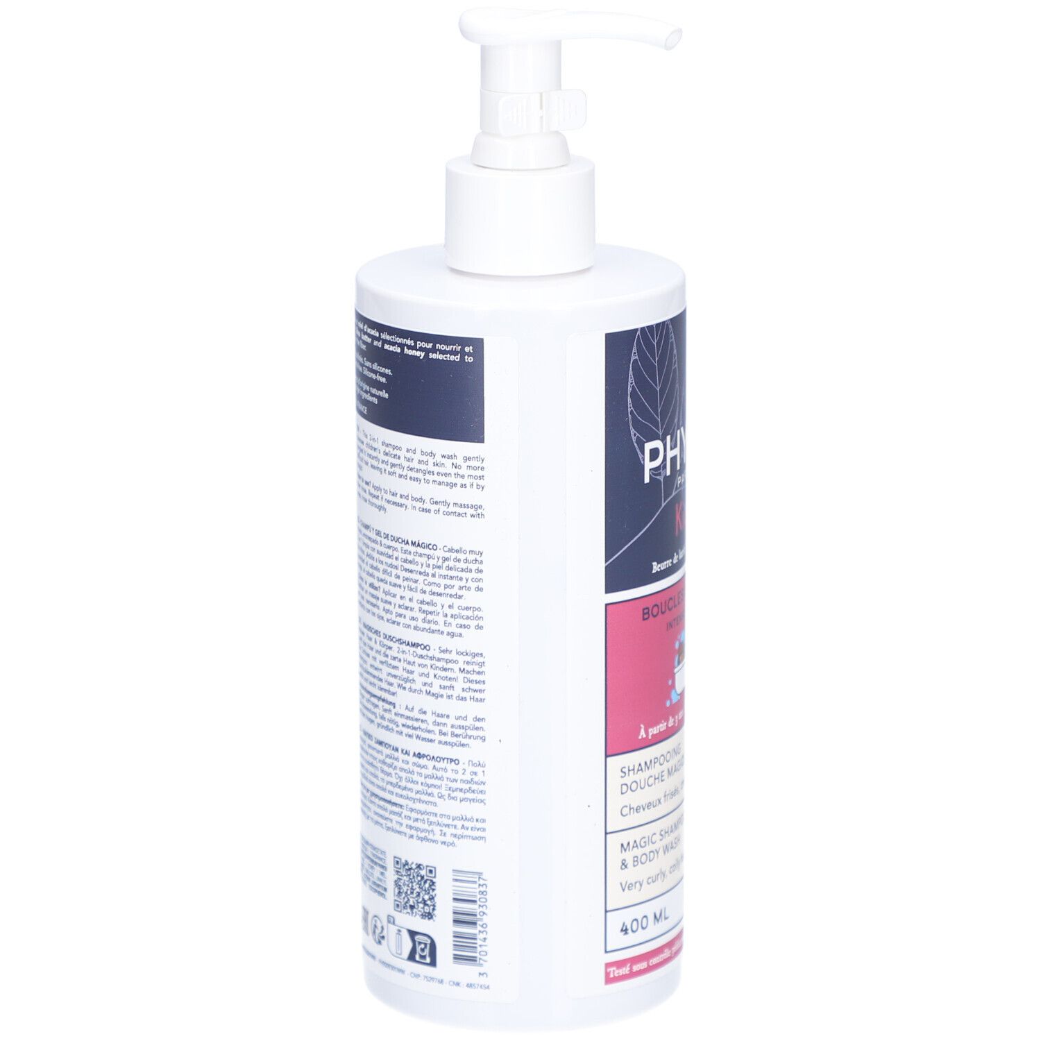 Weiße Flasche mit Pumpverschluss. Rückseite mit Text. Enthält 400 ml.