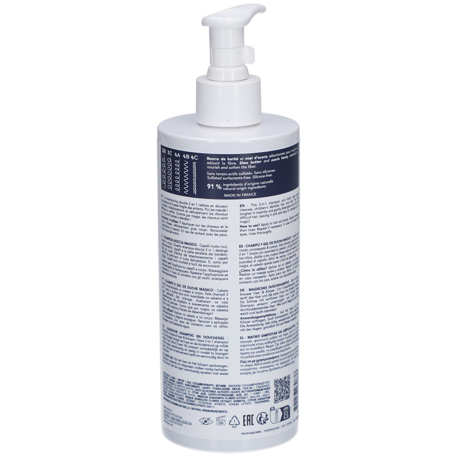 Weiße Flasche mit Pumpverschluss. Rückseite mit Text und QR-Code. Enthält 400 ml.