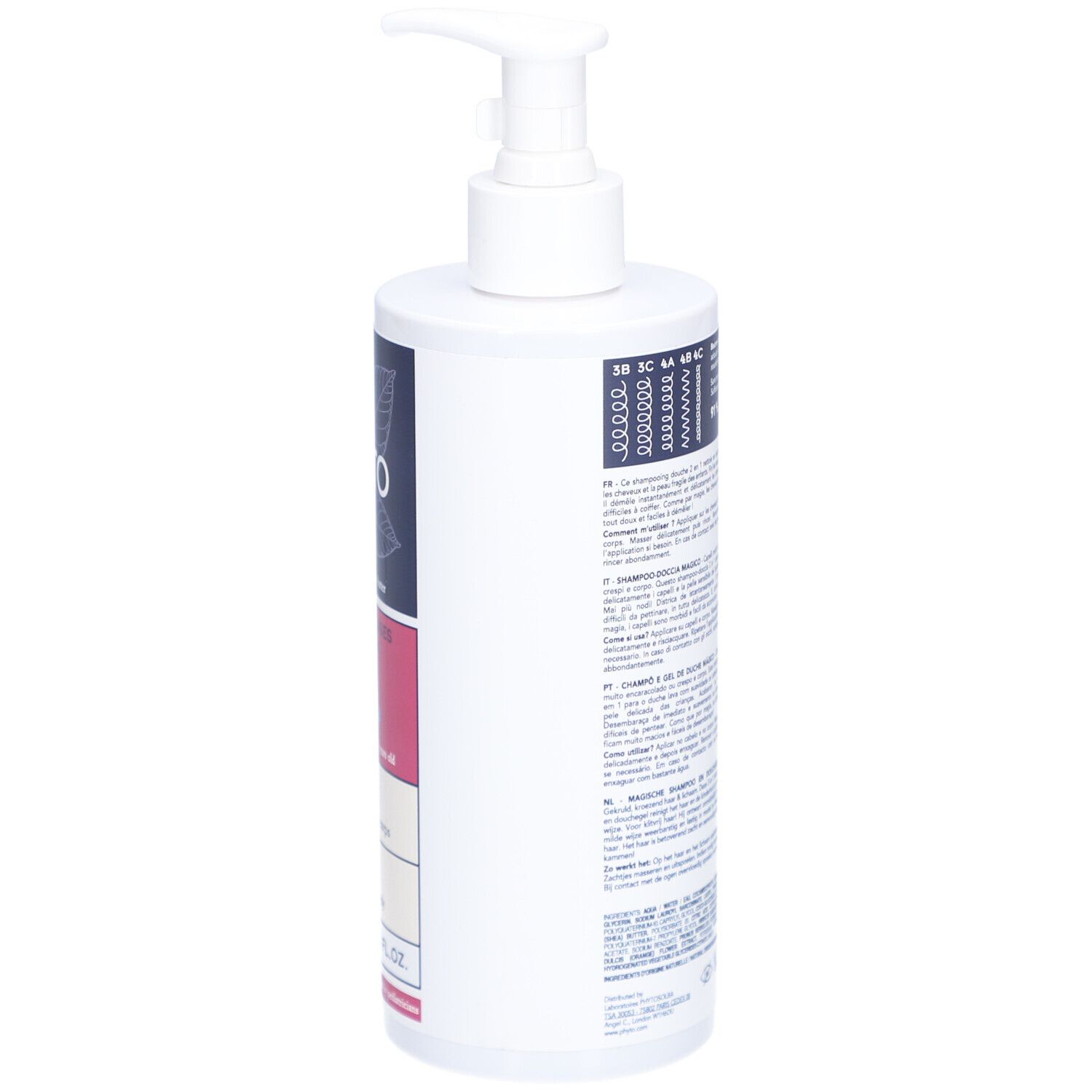 Weiße Flasche mit Pumpverschluss. Rückseite mit Text und QR-Code. Enthält 400 ml.