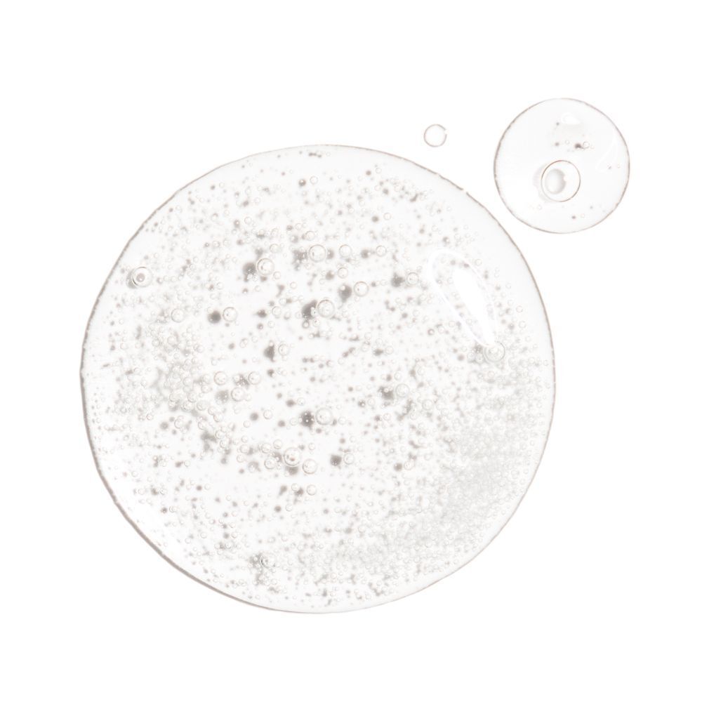 Liquide clair avec bulles. Deux cercles, un plus grand et un plus petit, sur fond blanc.